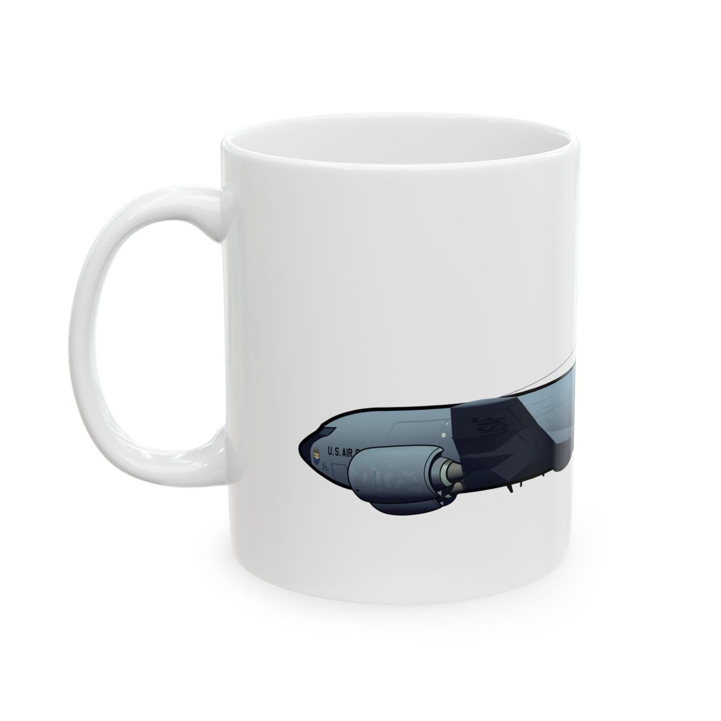 Ceramic mug showcasing the KC-135 Stratotanker aircraft, available in 11oz and 15oz sizes, great for daily use or display.