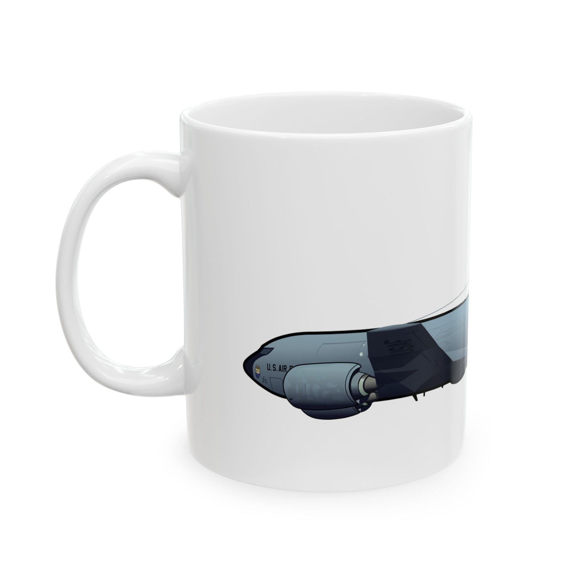 Ceramic mug showcasing the KC-135 Stratotanker aircraft, available in 11oz and 15oz sizes, great for daily use or display.