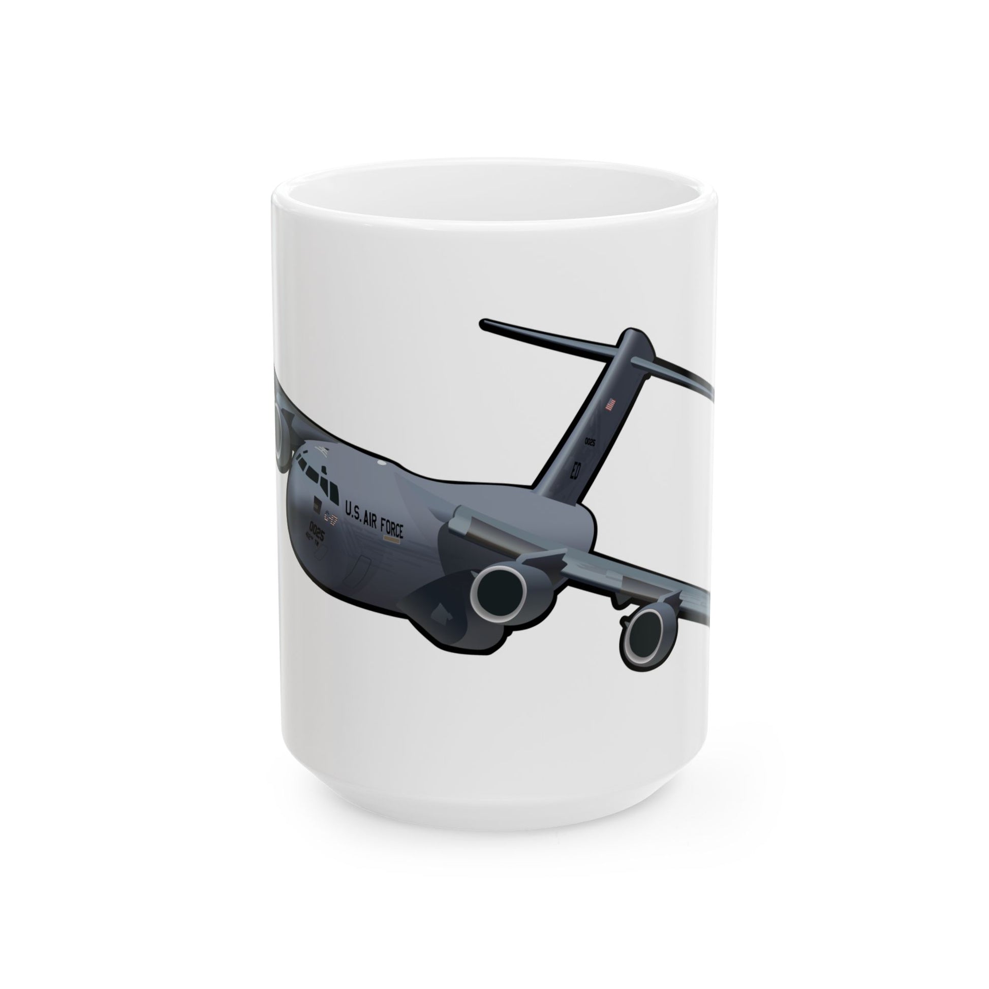 Ceramic mug with C-17 Globemaster III design, available in 11oz and 15oz sizes, ideal for military aviation collectors