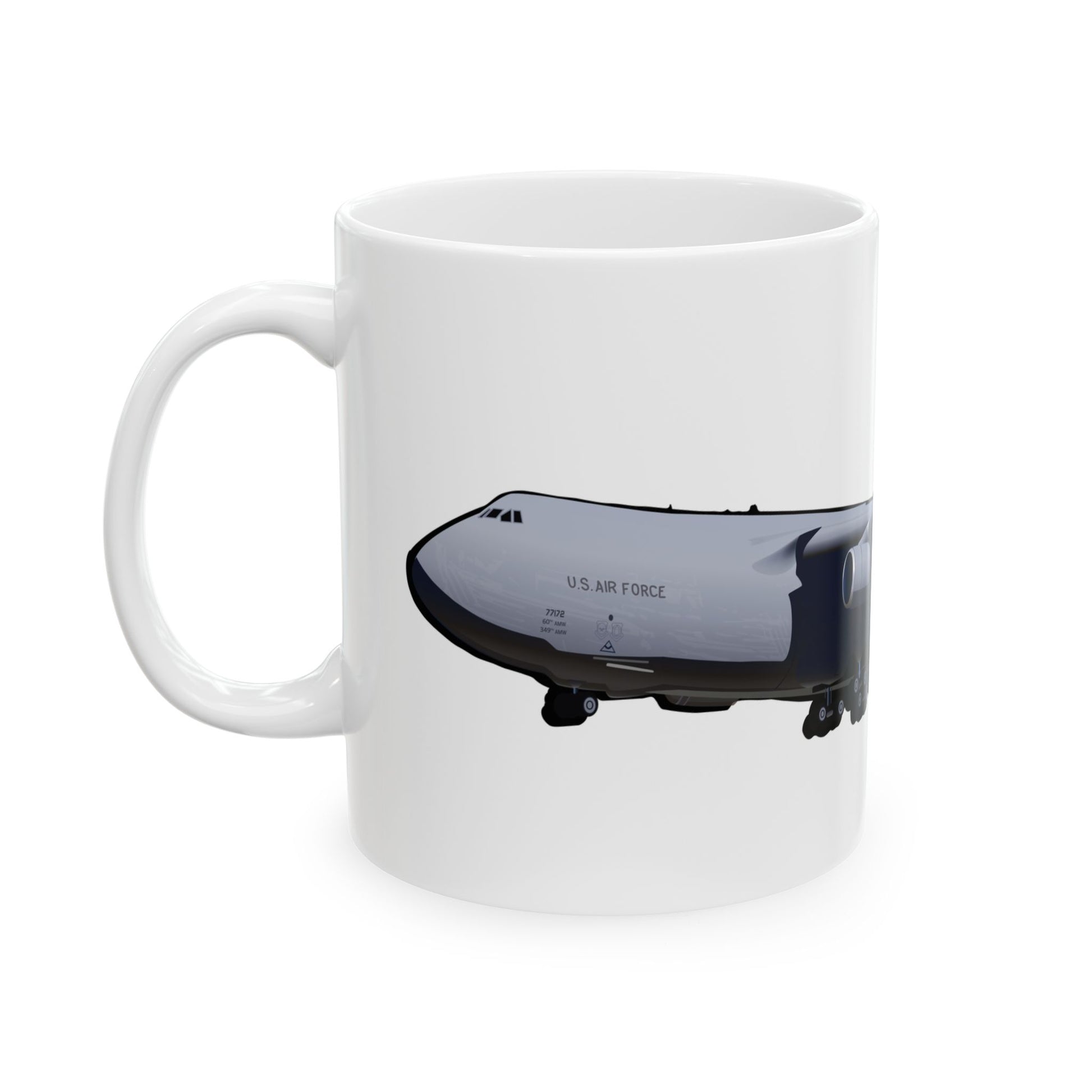 Ceramic mug showcasing the C-5 Travis aircraft, available in 11oz and 15oz sizes, great for daily use or display