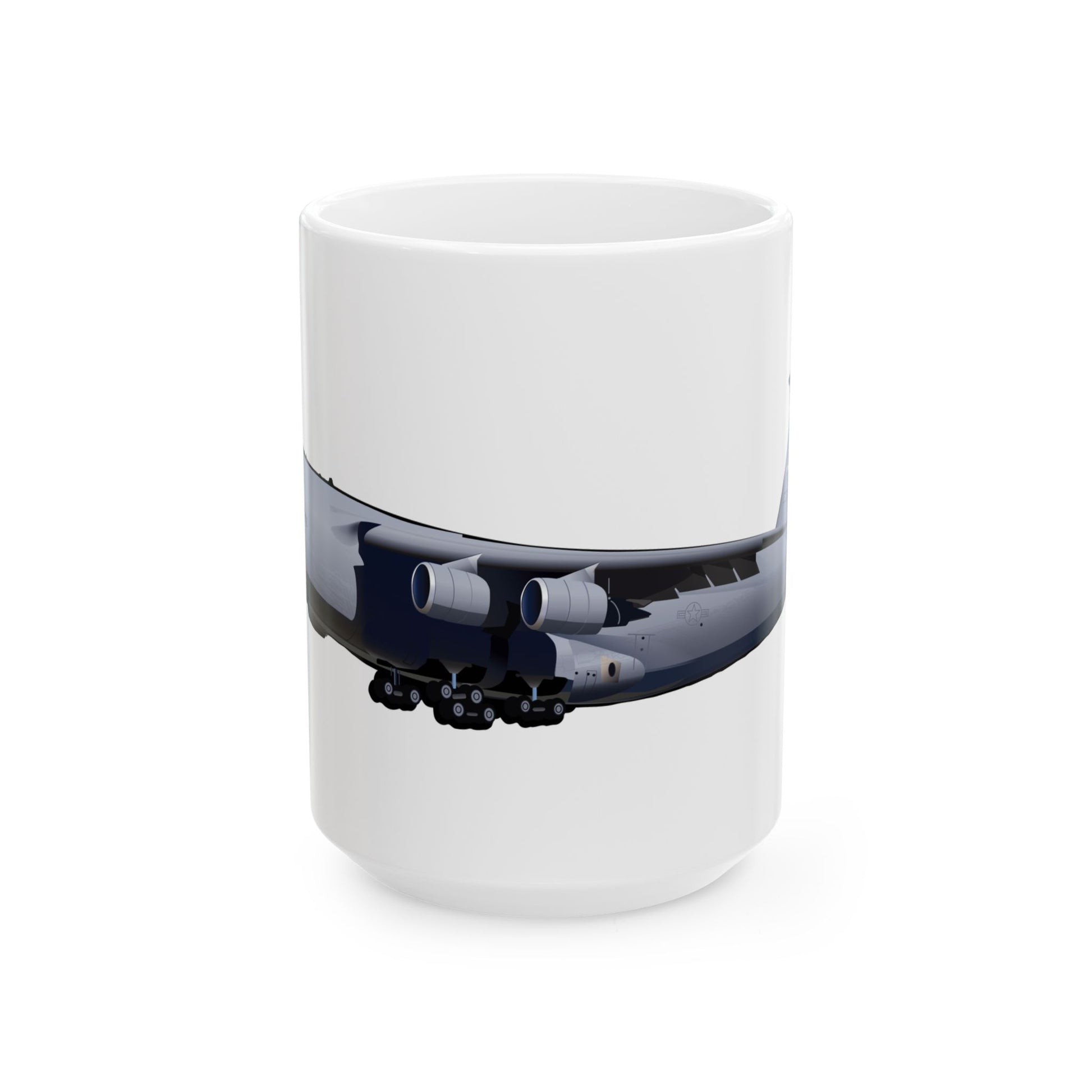 Ceramic mug with C-5 Travis graphic, available in 11oz and 15oz sizes, ideal for collectors of military aviation memorabilia.