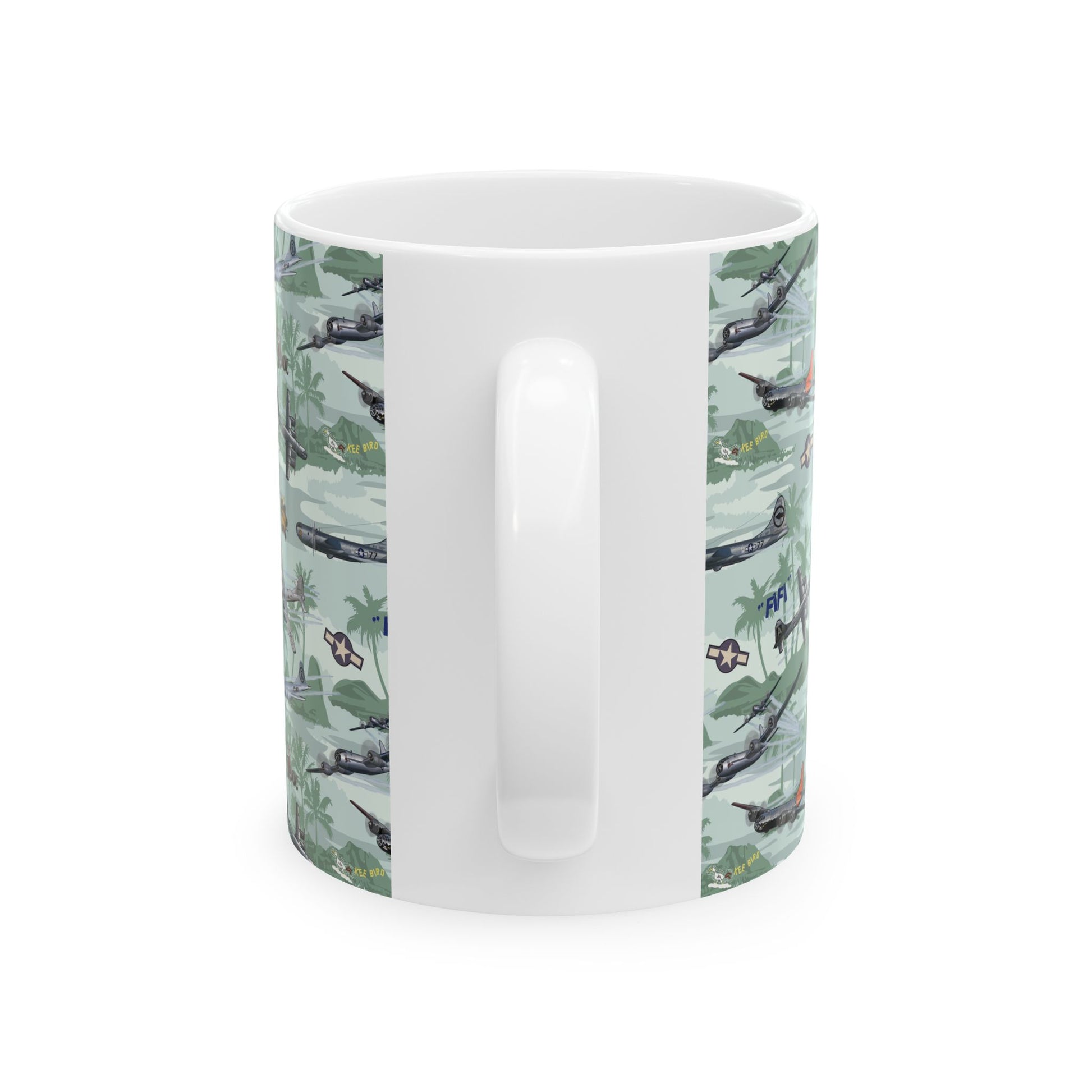 B-29 Green Ceramic Mug with a sleek bomber design, ideal for collectors, available in 11oz and 15oz sizes, microwave and dishwasher safe.
