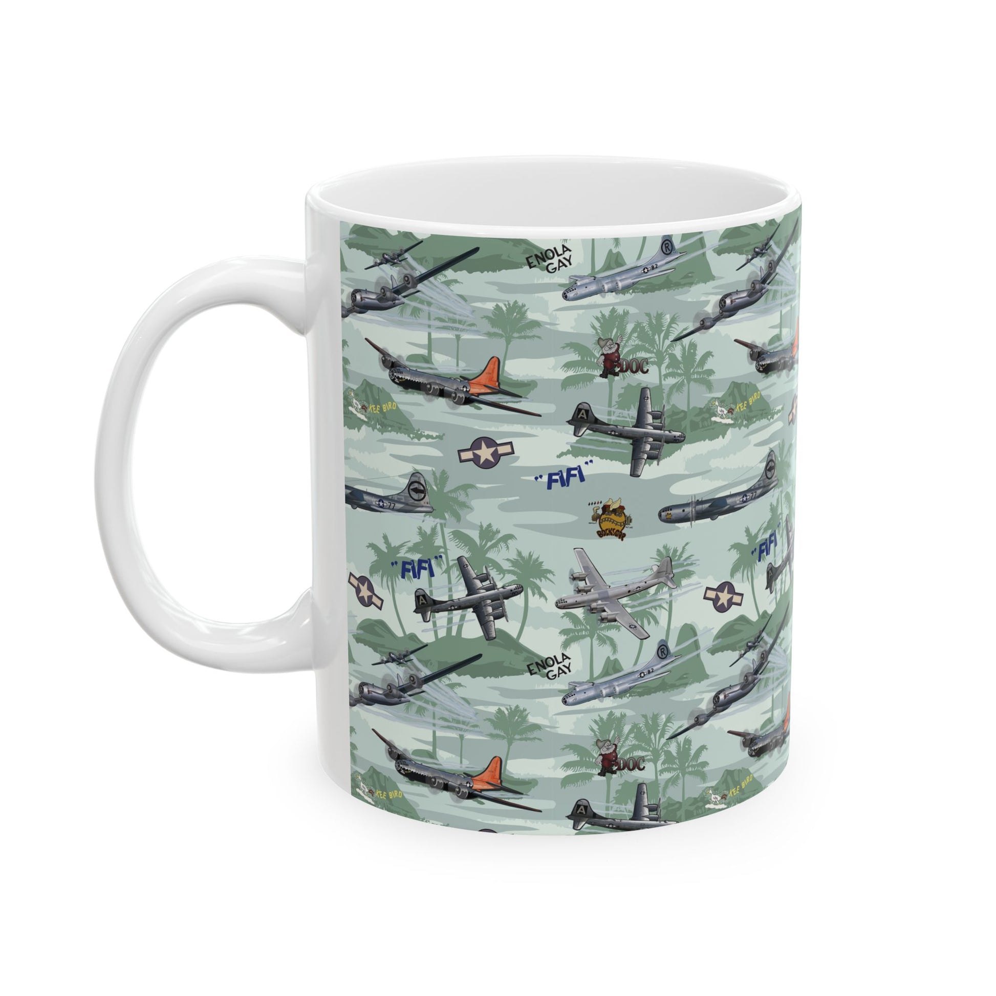White ceramic mug featuring a green B-29 Superfortress bomber design, available in 11oz and 15oz sizes, perfect for daily use or as a collector's item.