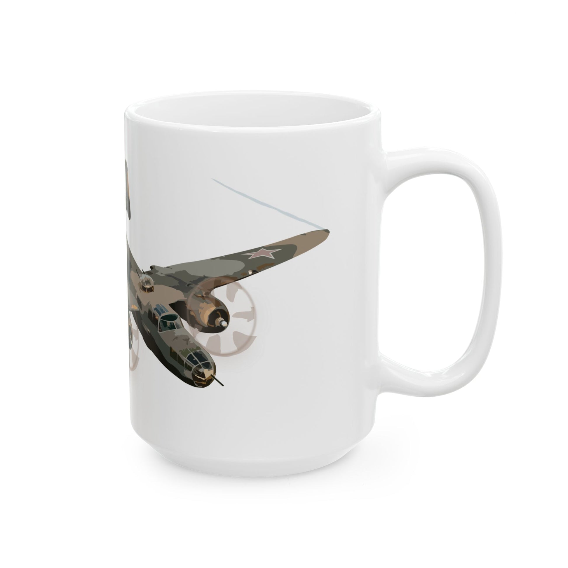 Glossy ceramic mug featuring the playful "Russian to Get Ya" B-25 nose art, a great gift for military history buffs and aviation enthusiasts.