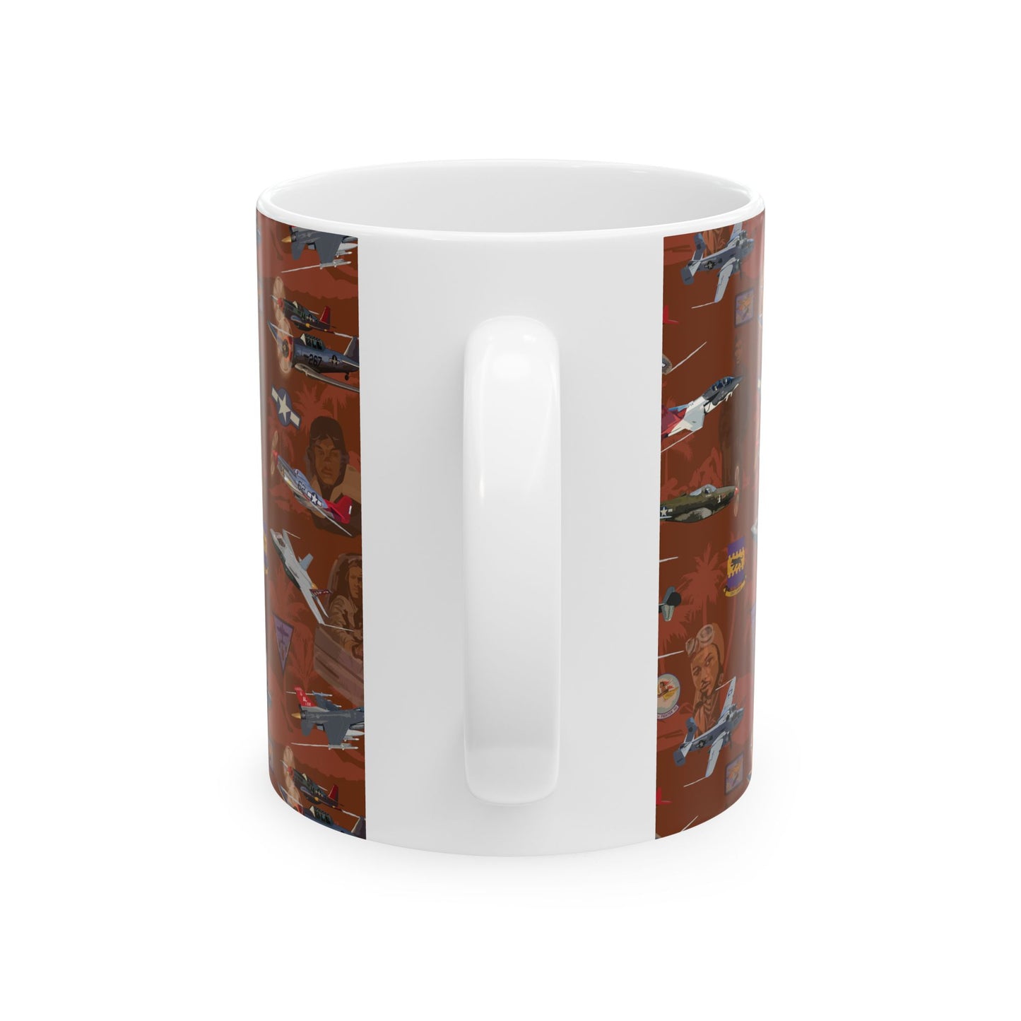 Microwave and dishwasher-safe red ceramic mug with Tuskegee University motif, perfect for hot and cold beverages.