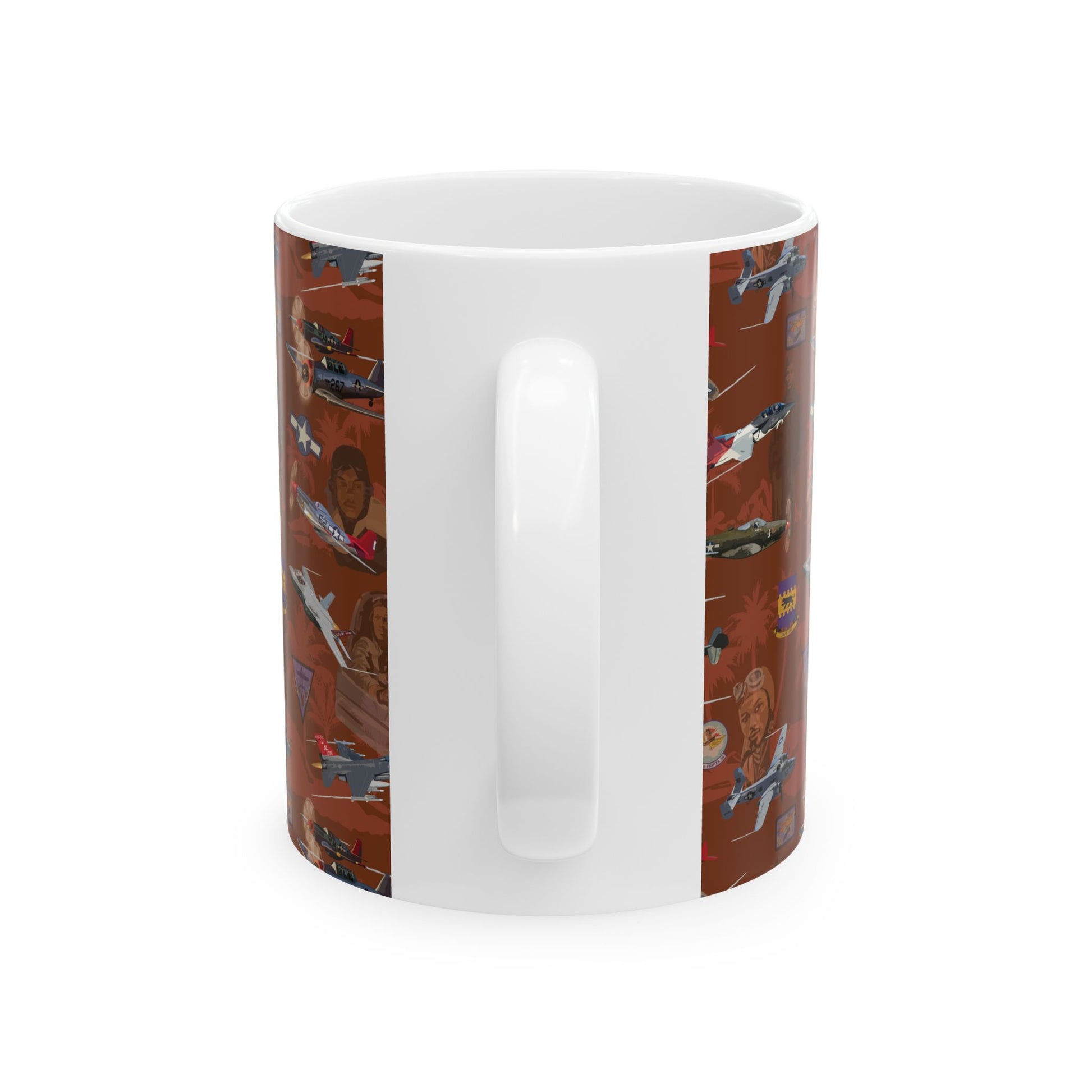 Microwave and dishwasher-safe red ceramic mug with Tuskegee University motif, perfect for hot and cold beverages.