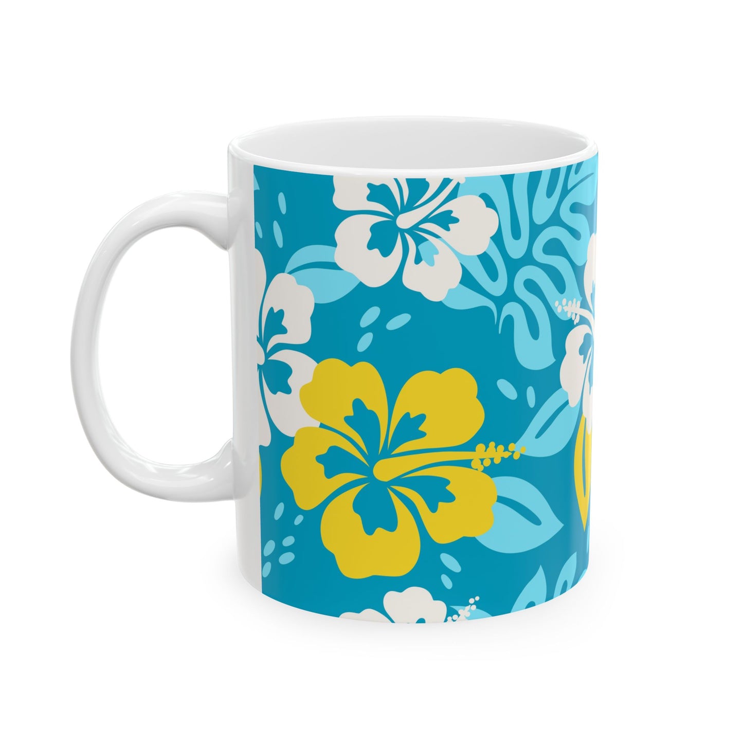 Microwave and dishwasher-safe ceramic mug with a double-sided tropical design, perfect for enjoying coffee, tea, or other beverages.