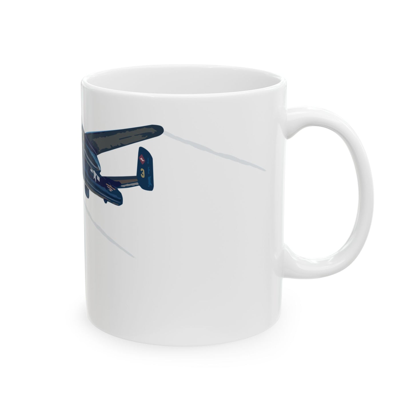 White ceramic mug with bold "Devil Dog" and "Semper Fi" B-25 bomber designs, available in 11oz and 15oz sizes, perfect for daily use or as a collector's item.