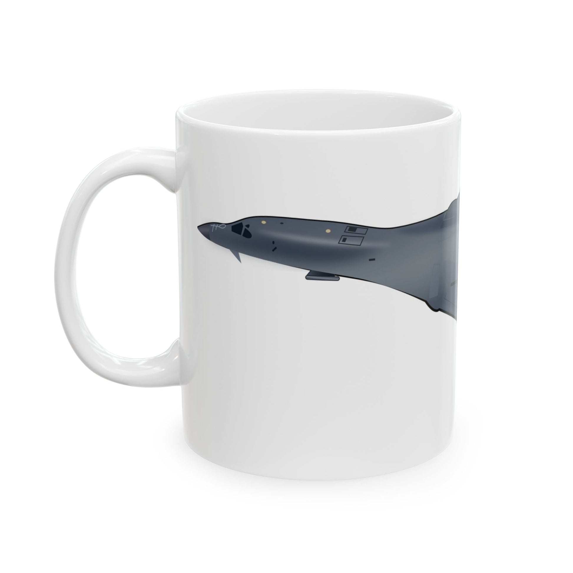 White ceramic mug featuring the B-1B Lancer bomber, available in 11oz and 15oz sizes, perfect for daily use or as a collector's item.