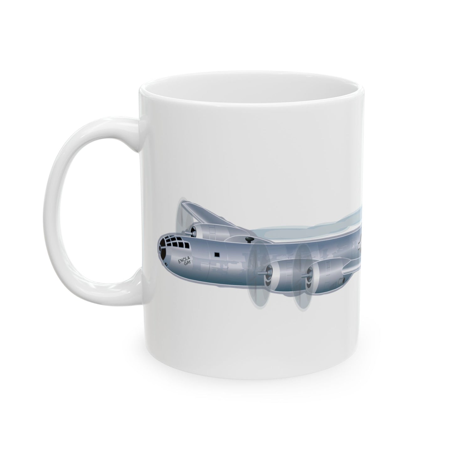 Ceramic mug showcasing the Enola Gay B-29 aircraft, available in 11oz and 15oz sizes, great for daily use or display.