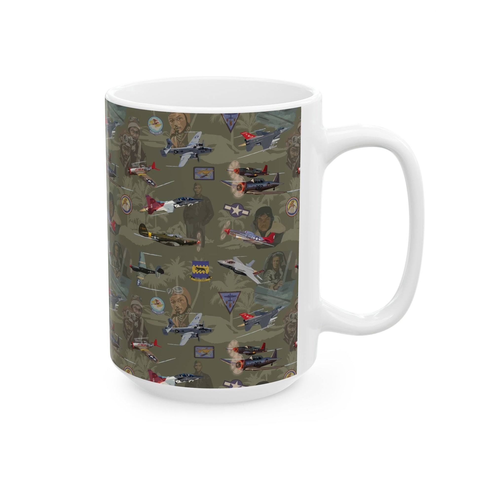 Сeramic mug in green, celebrating the legacy of the Tuskegee Airmen with a commemorative design, available in two sizes: 11oz and 15oz.