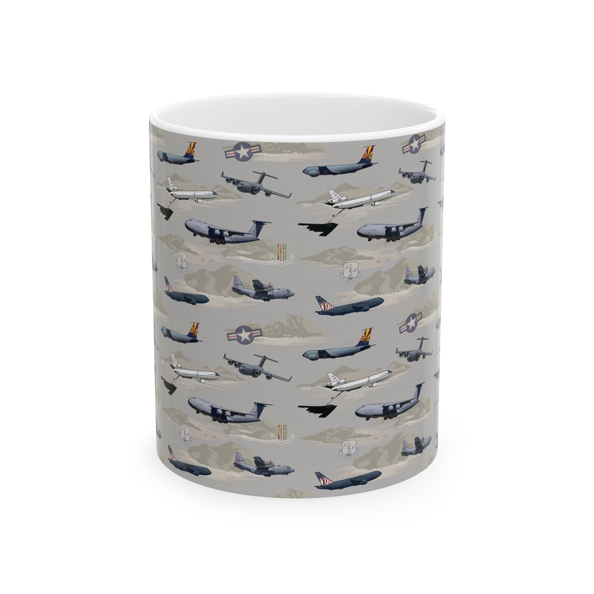 Beige ceramic mug with airplane design, available in 11oz and 15oz sizes, perfect for aviation enthusiasts.
