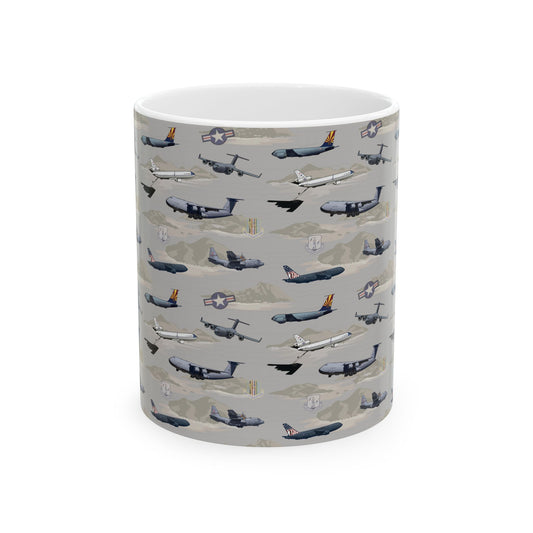 Beige ceramic mug with airplane design, available in 11oz and 15oz sizes, perfect for aviation enthusiasts.