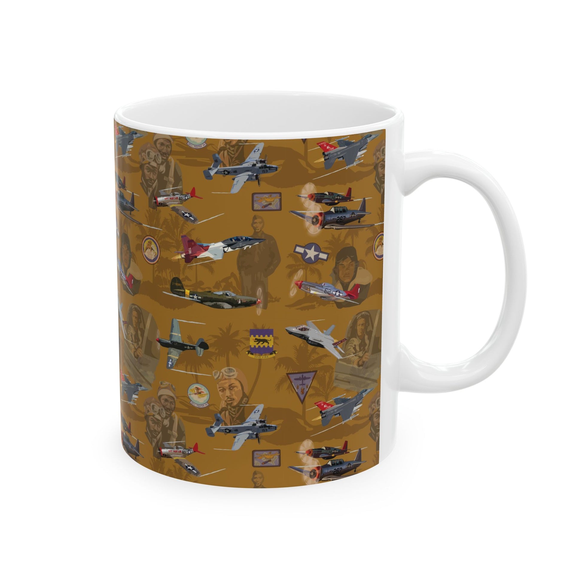 Elegant gold ceramic coffee mug honoring the Tuskegee Airmen, available in 11oz and 15oz sizes, ideal for those passionate about military aviation.