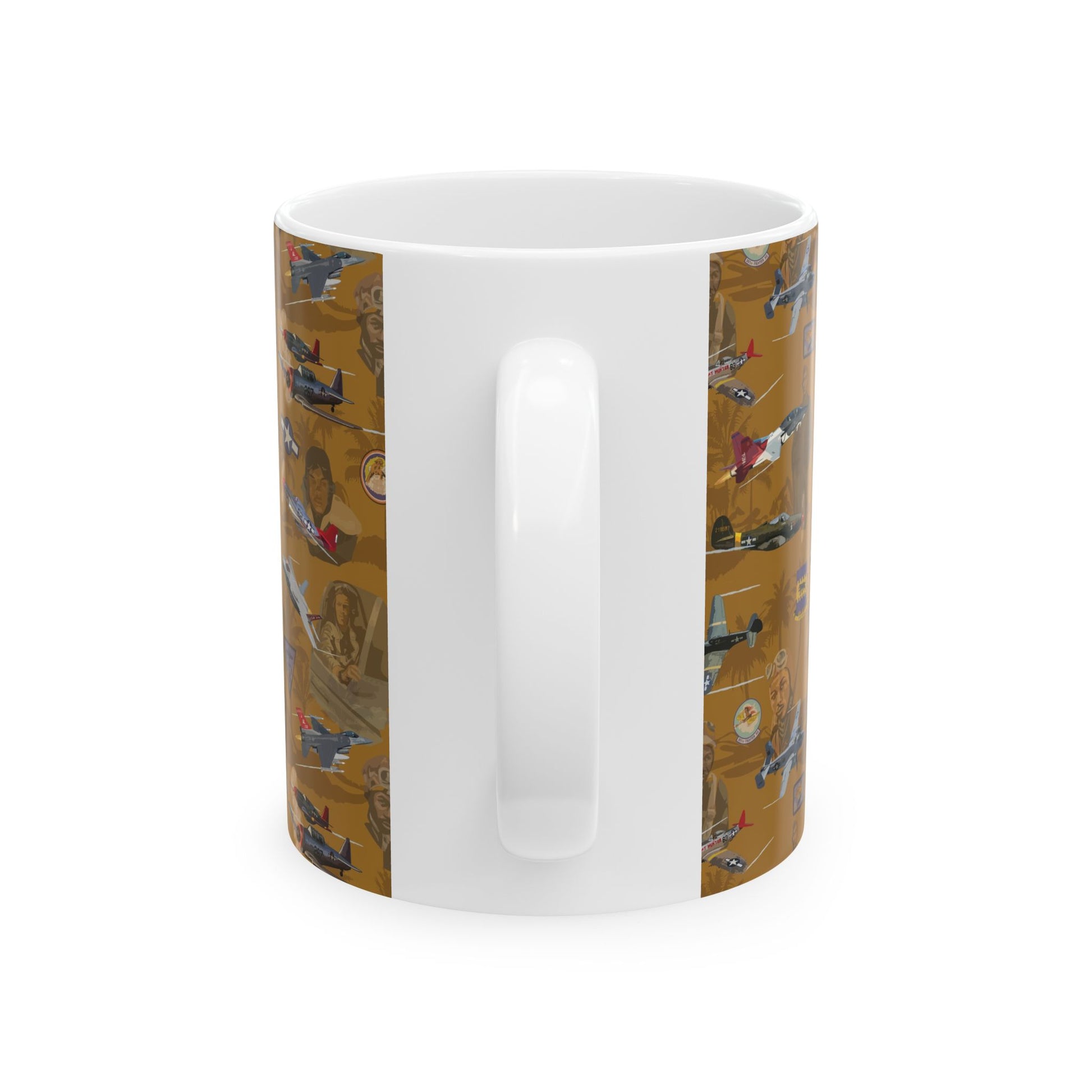 Gold ceramic mug with a design celebrating the legacy of the Tuskegee Airmen, ideal for collectors, available in 11oz and 15oz sizes.