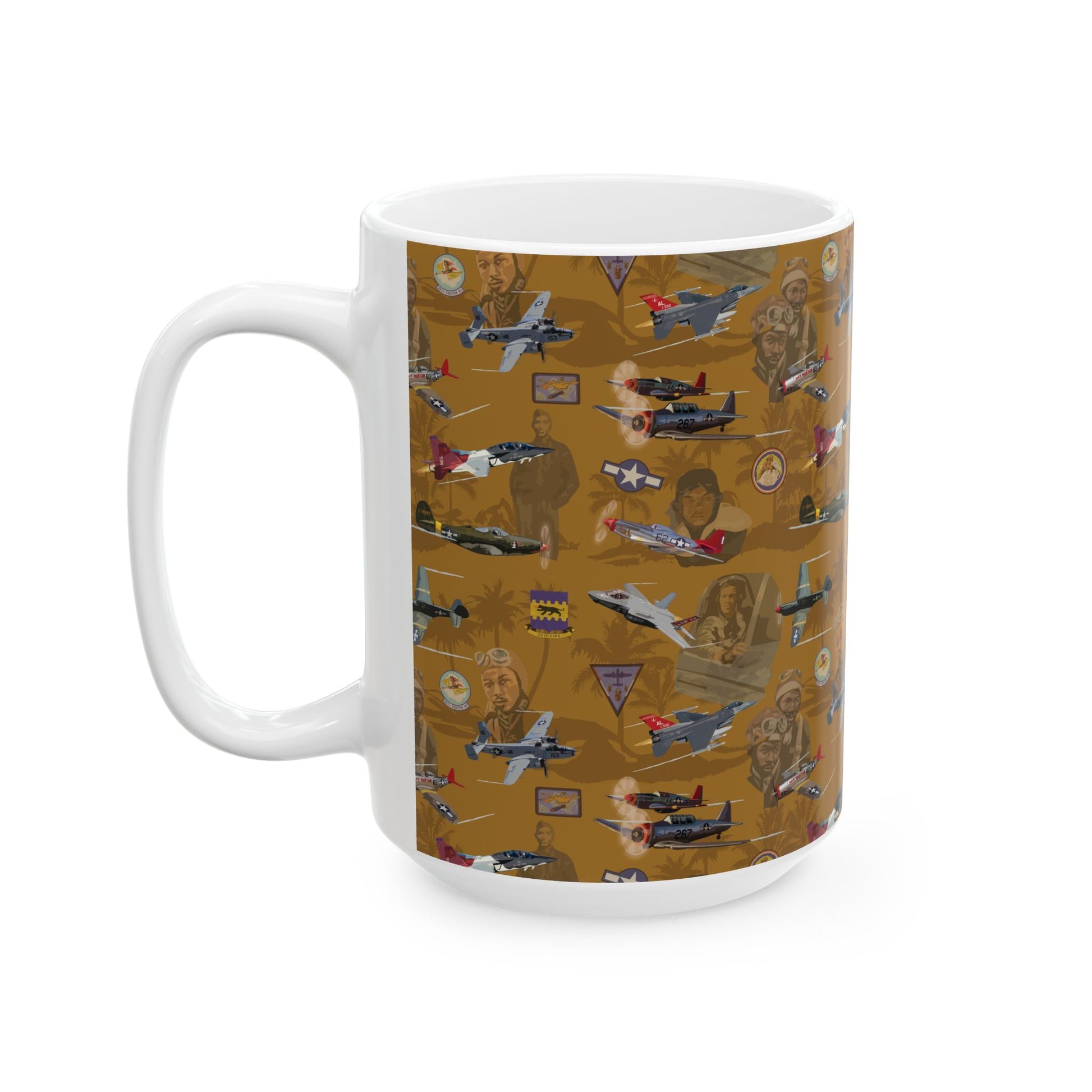 Stunning gold ceramic mug featuring a tribute to the Tuskegee Airmen, available in both 11oz and 15oz sizes, perfect for aviation enthusiasts.