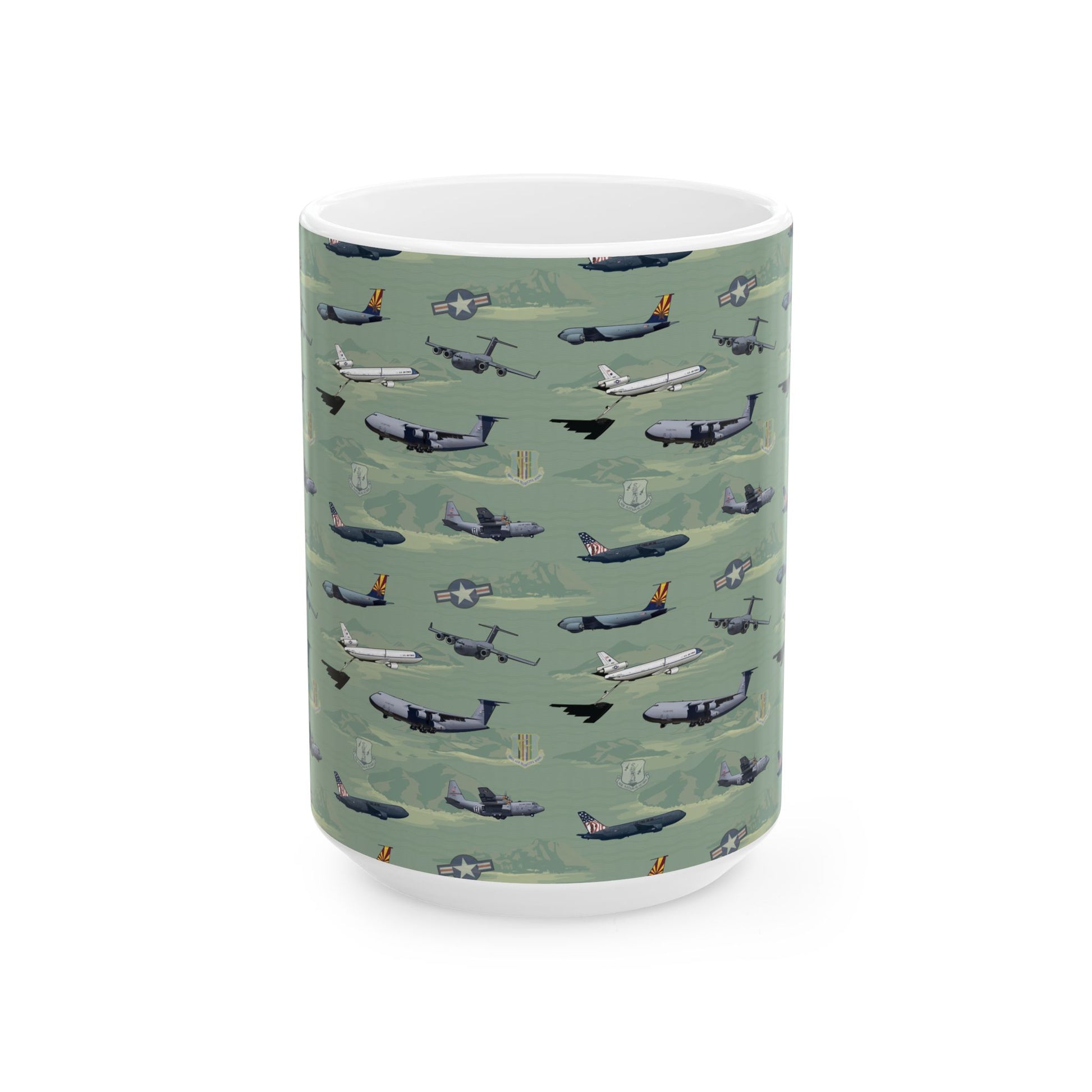 Ceramic mug with airplane design in green, available in 11oz and 15oz sizes, ideal for aviation fans