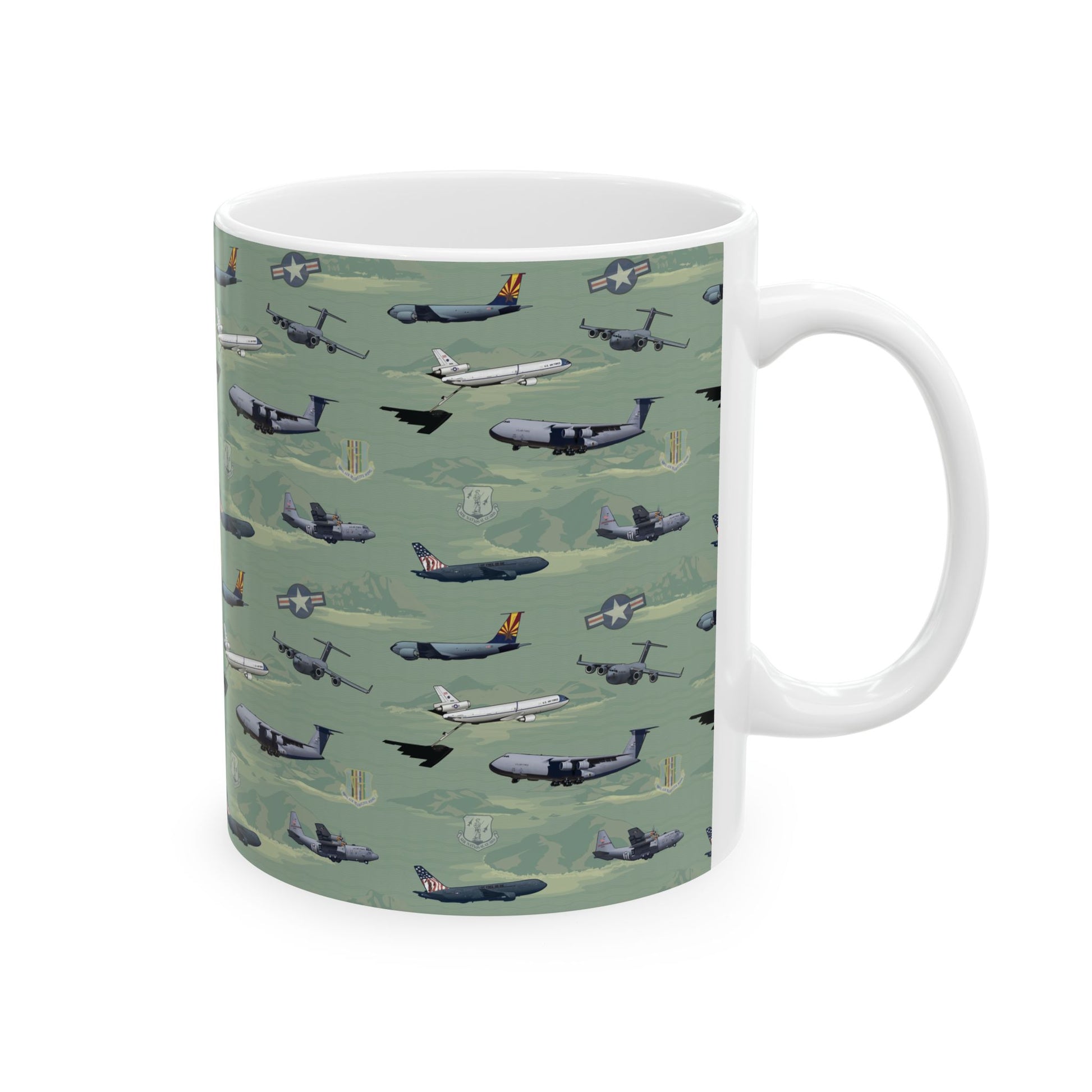 Green ceramic mug with airplane print, available in 11oz and 15oz sizes, great for home or office use.