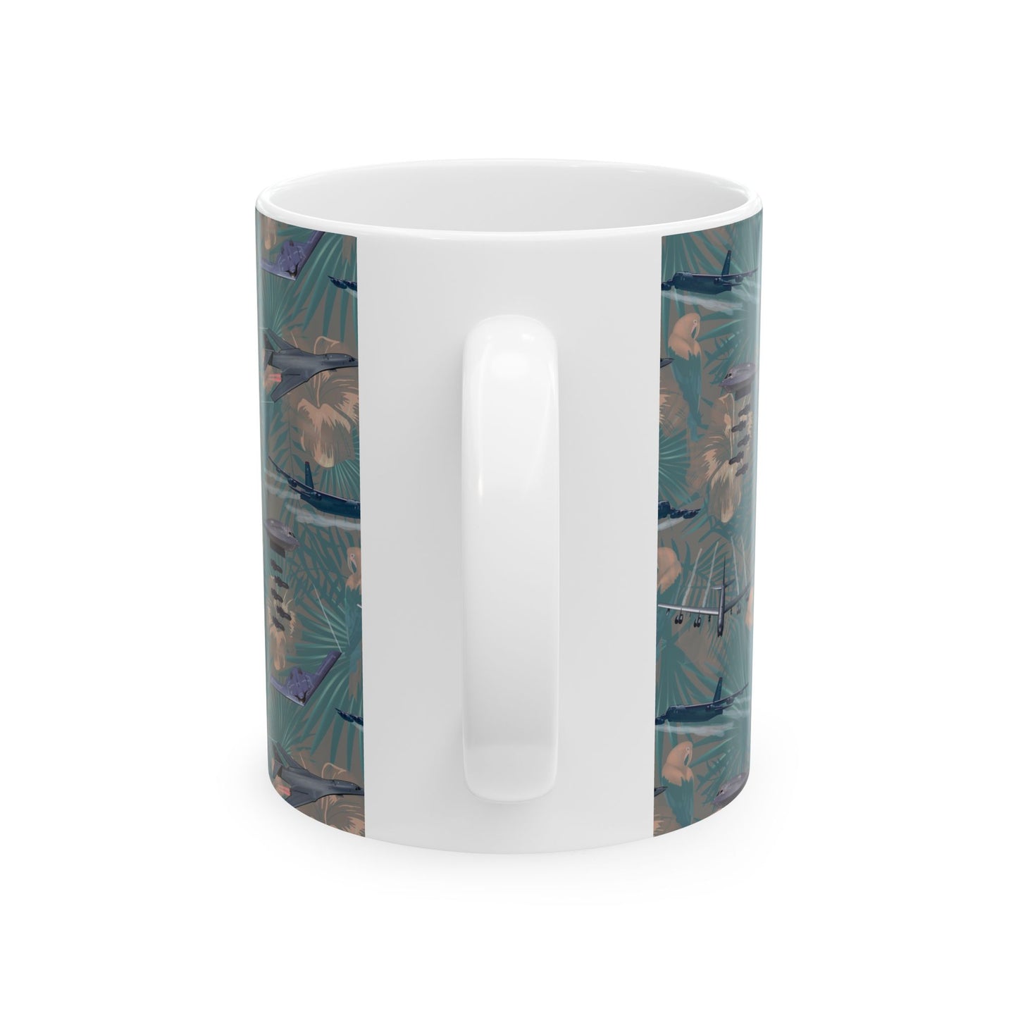 Green ceramic mug with a design celebrating the legacy of the B-17 Flying Fortress, ideal for collectors, available in 11oz and 15oz sizes.