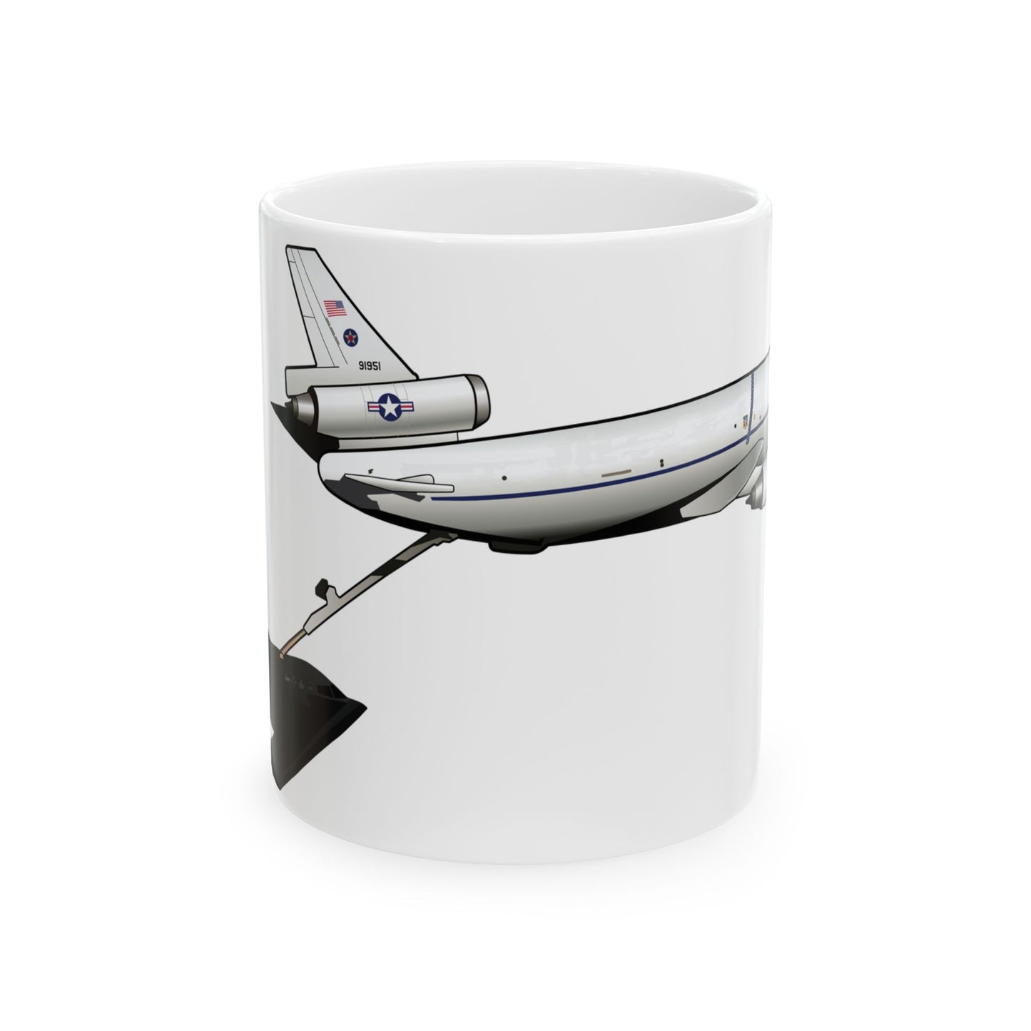 KC-10 Extender ceramic mug featuring a detailed aircraft design, available in 11oz and 15oz sizes, perfect for aviation enthusiasts.