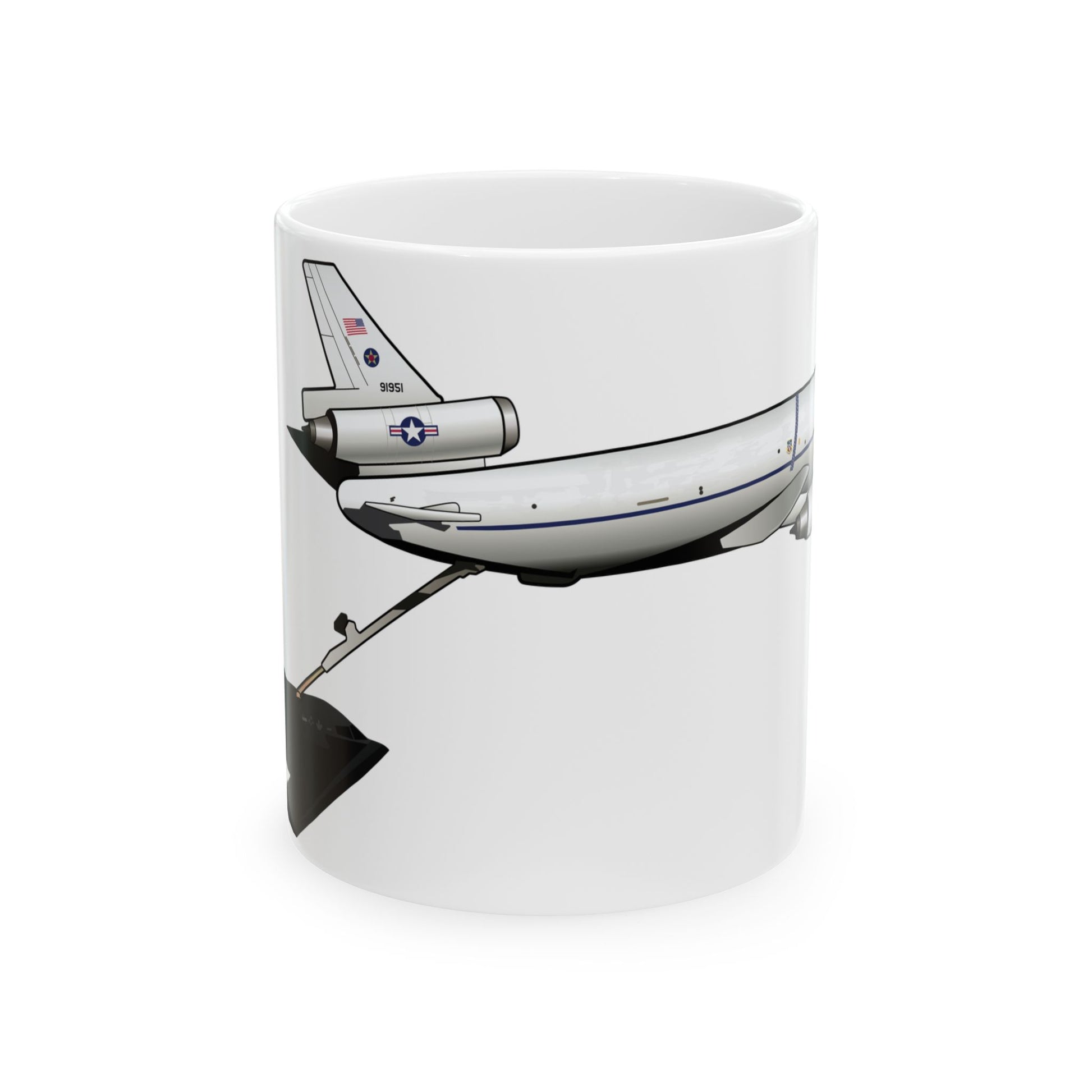 KC-10 Extender ceramic mug featuring a detailed aircraft design, available in 11oz and 15oz sizes, perfect for aviation enthusiasts.