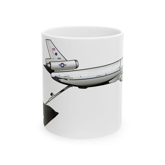 KC-10 Extender ceramic mug featuring a detailed aircraft design, available in 11oz and 15oz sizes, perfect for aviation enthusiasts.