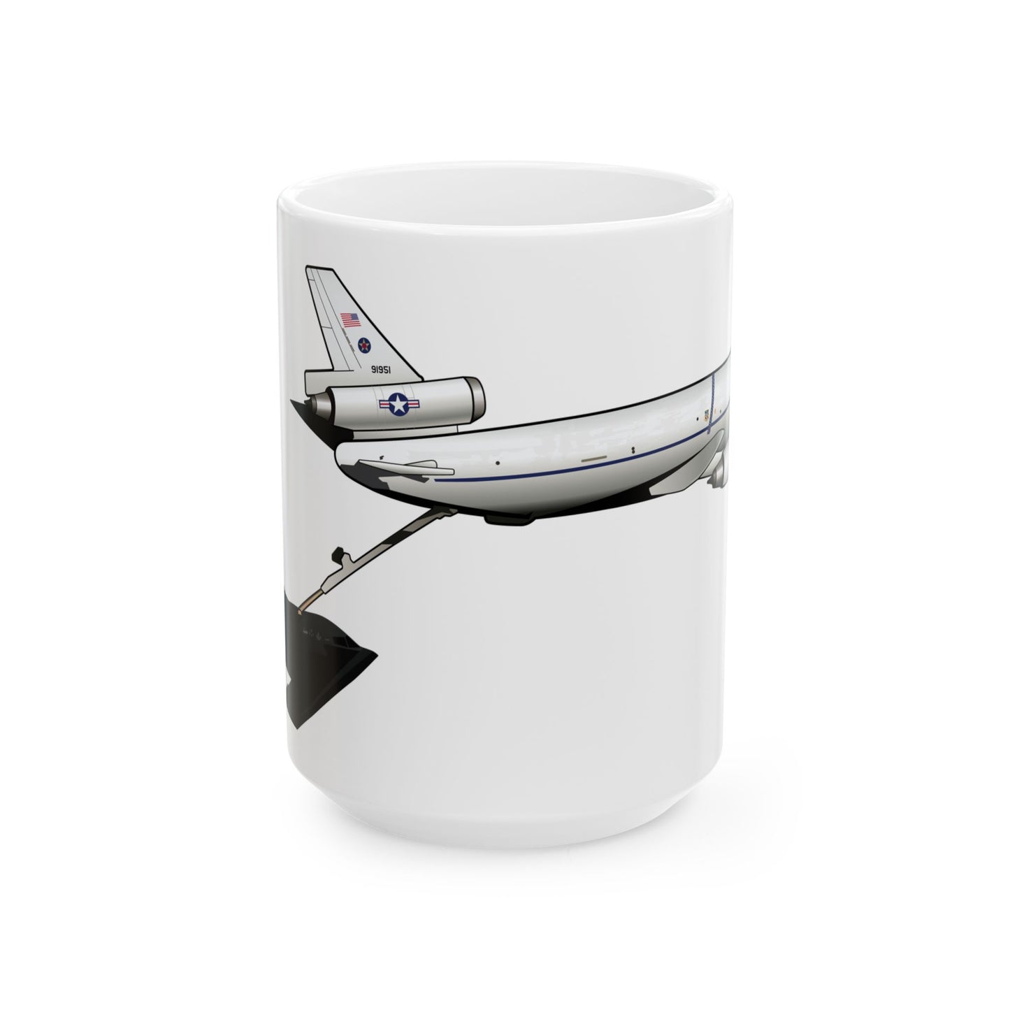 Ceramic mug with KC-10 Extender graphic, available in 11oz and 15oz sizes, ideal for collectors of military aviation memorabilia.