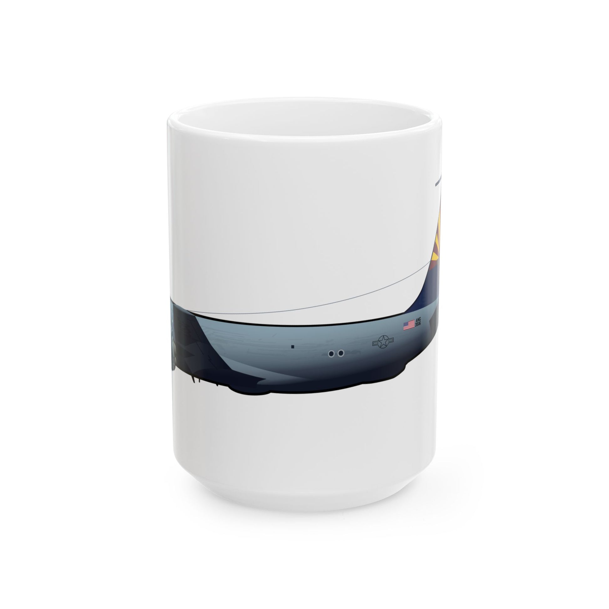 Ceramic mug with KC-135 Stratotanker graphic, available in 11oz and 15oz sizes, ideal for collectors of military aviation memorabilia