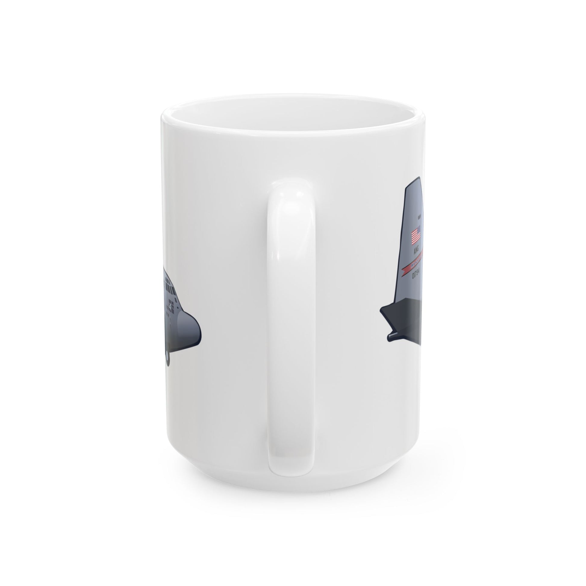 KC-46 NH Guard ceramic mug featuring a striking aircraft design, available in 11oz and 15oz sizes, perfect for aviation collectors.