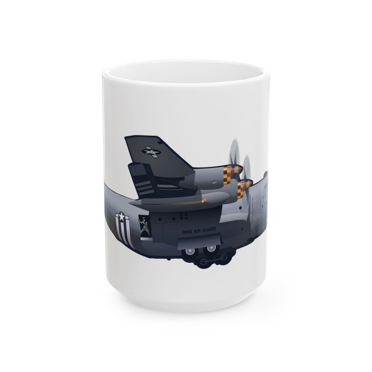 Ceramic mug with KC-46 NH Guard graphic, available in 11oz and 15oz sizes, ideal for collectors of military aviation memorabilia.