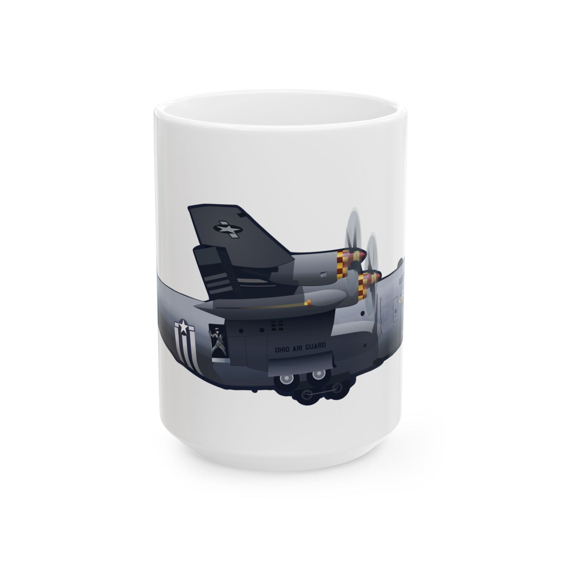 Ceramic mug with KC-46 NH Guard graphic, available in 11oz and 15oz sizes, ideal for collectors of military aviation memorabilia.