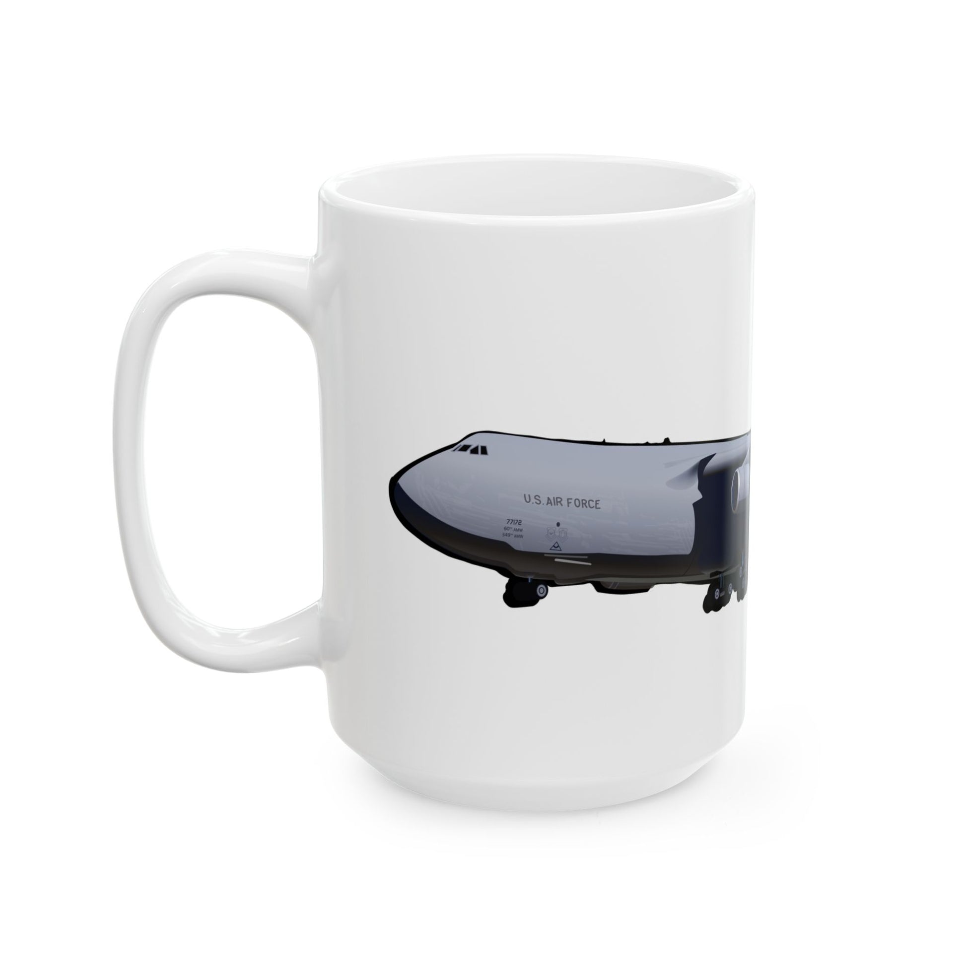 C-5 Galaxy aircraft mug with Travis Air Force Base label, ideal gift for airlift crew and veterans.
