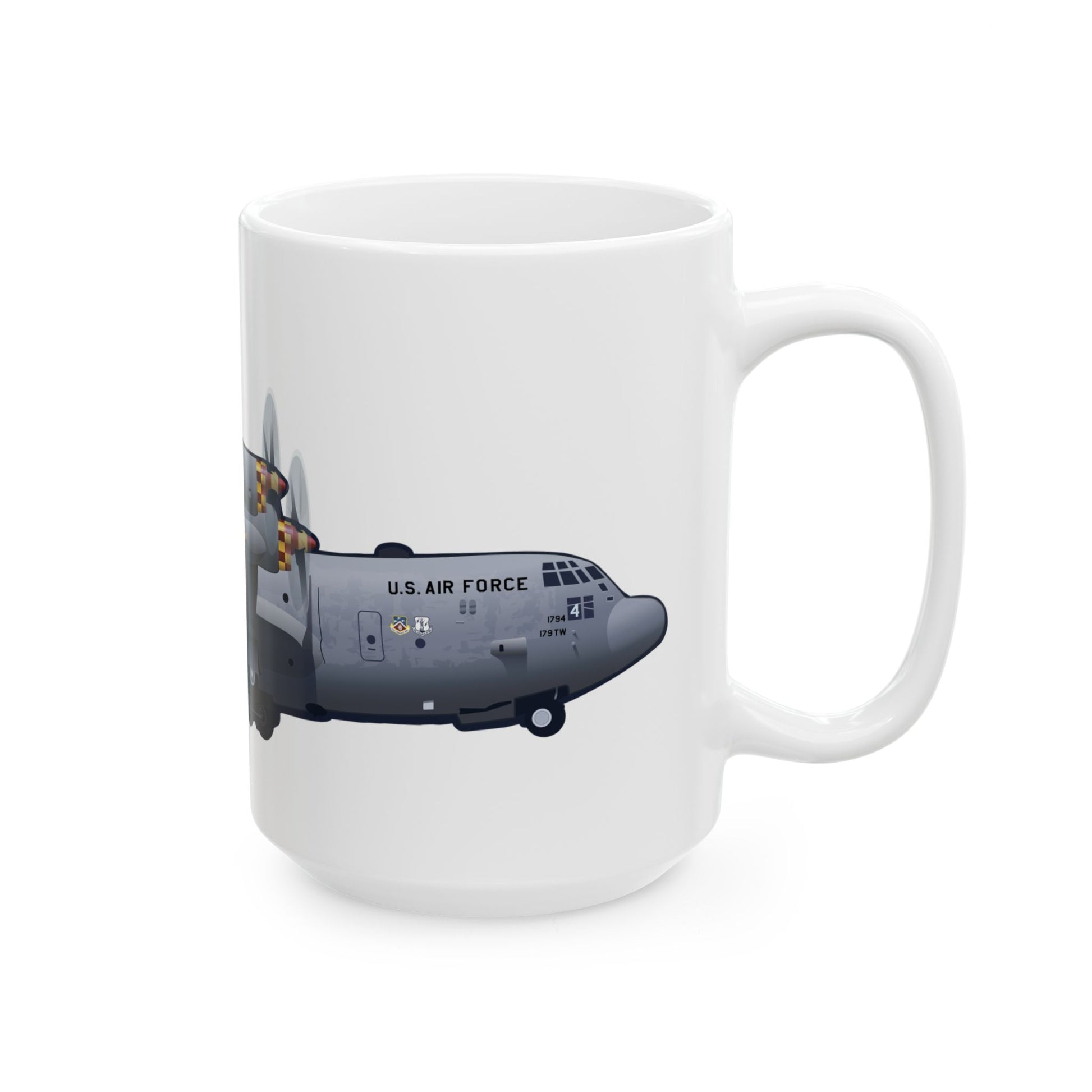 White ceramic mug featuring detailed C-130 Mansfield illustration, available in two sizes