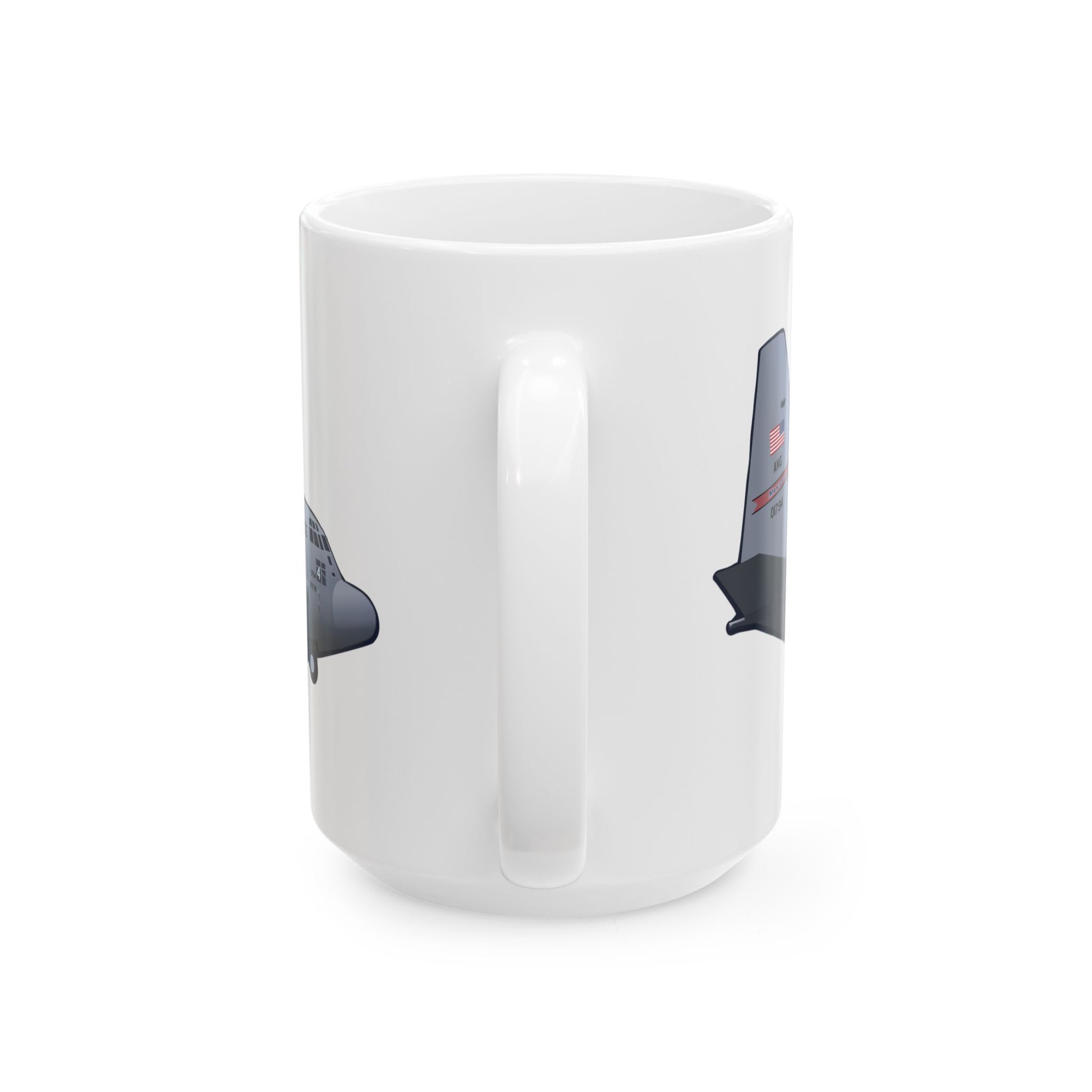 C-130 Mansfield ceramic mug with sleek design and aircraft illustration, available in 11oz and 15oz sizes, perfect for gifting