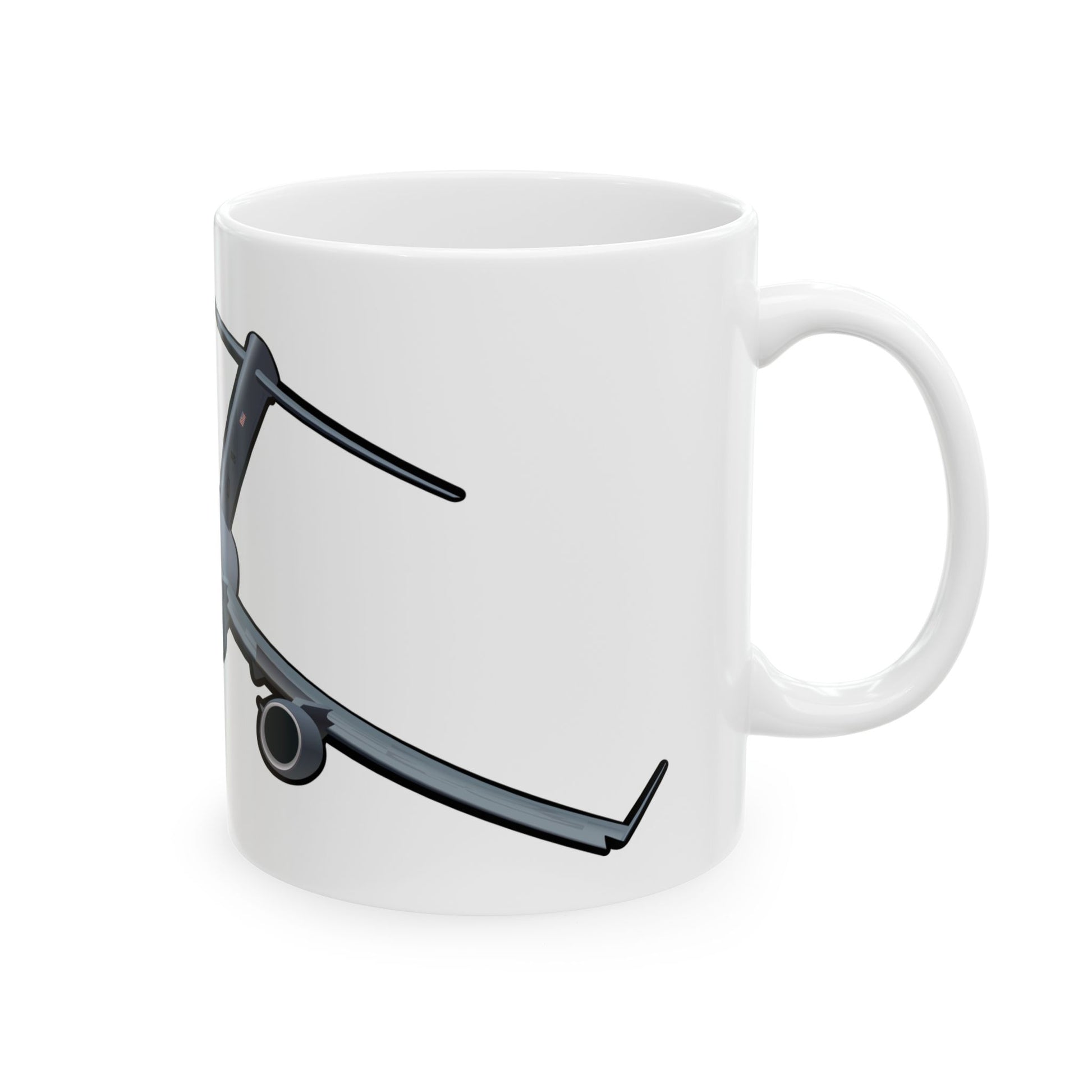 C-17 Globemaster III ceramic mug with sleek design and aircraft illustration, available in 11oz and 15oz sizes, perfect for gifting.