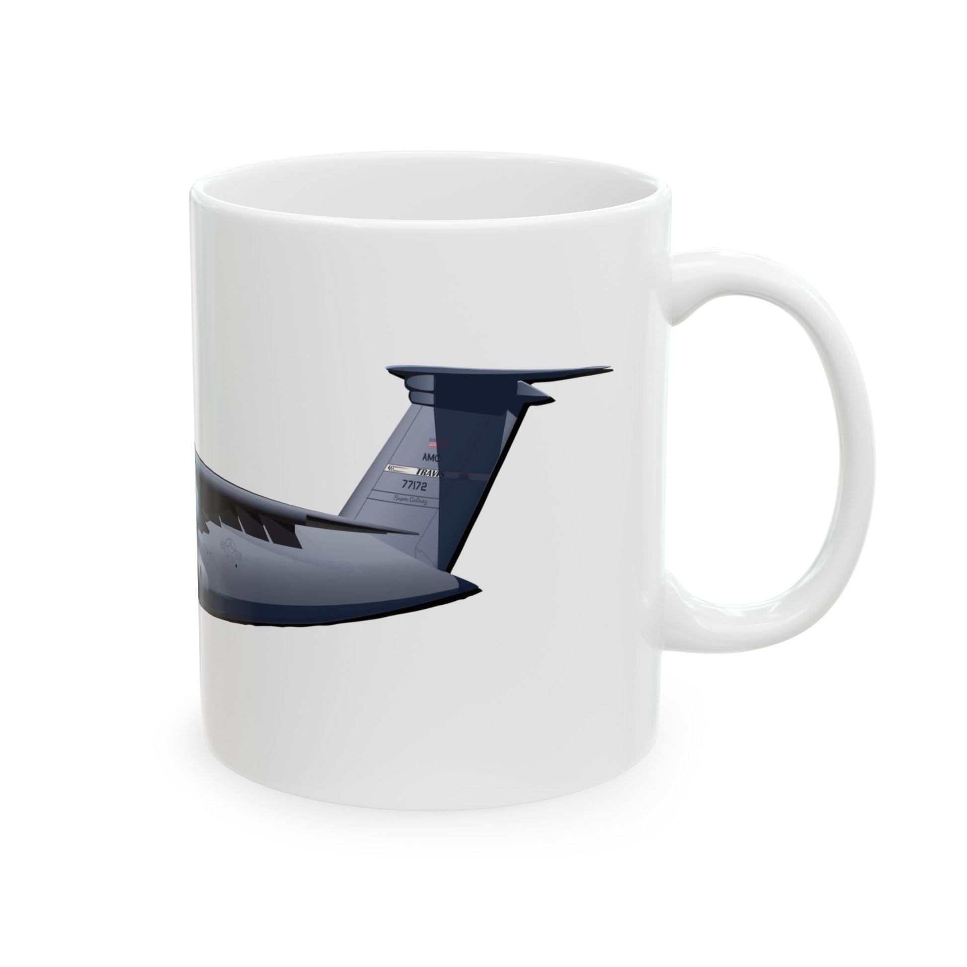 C-5 Travis ceramic mug with sleek design and aircraft illustration, available in 11oz and 15oz sizes, perfect for gifting