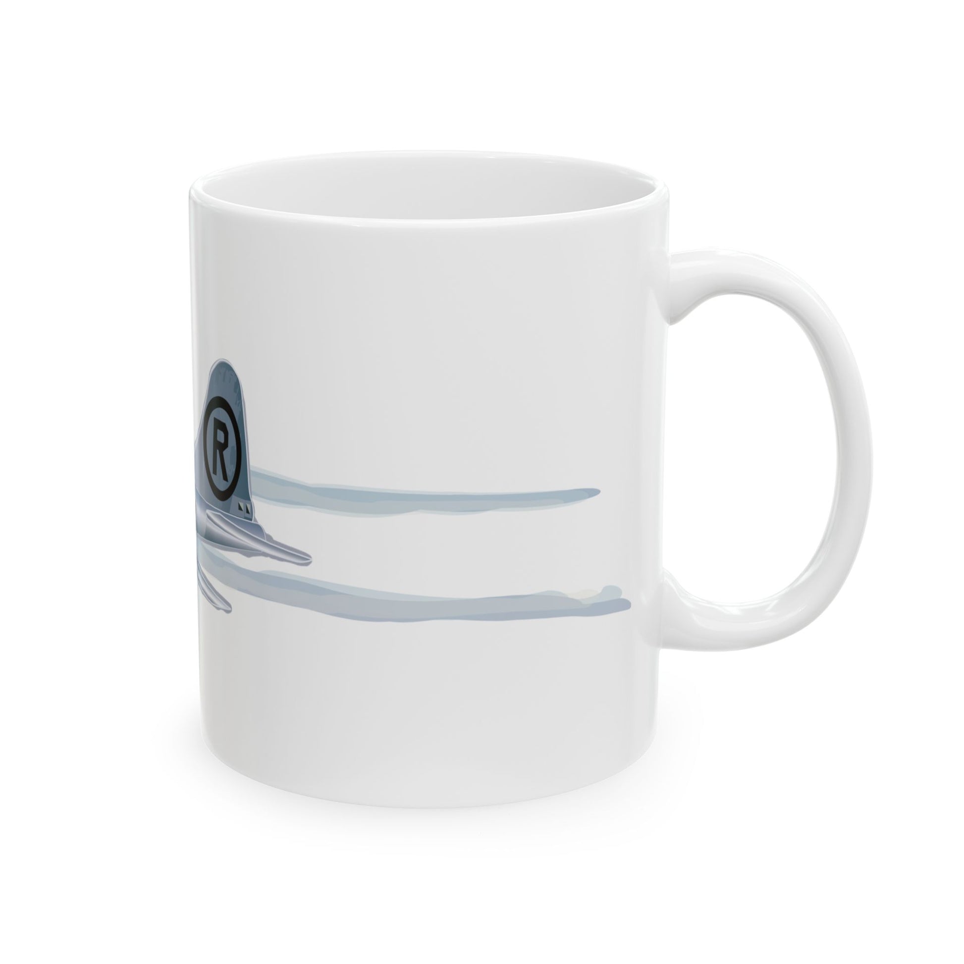 Enola Gay ceramic mug with sleek design and aircraft illustration, available in 11oz and 15oz sizes, perfect for gifting.