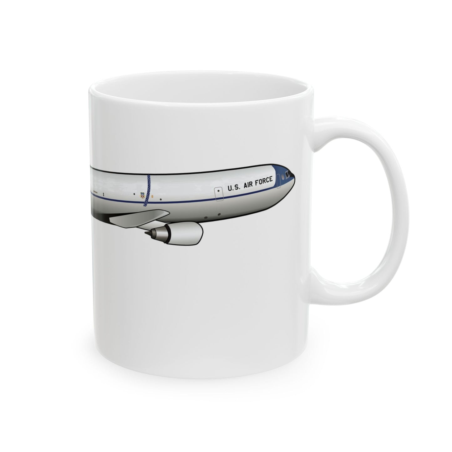 KC-10 Extender ceramic mug with sleek design and aircraft illustration, available in 11oz and 15oz sizes, perfect for gifting