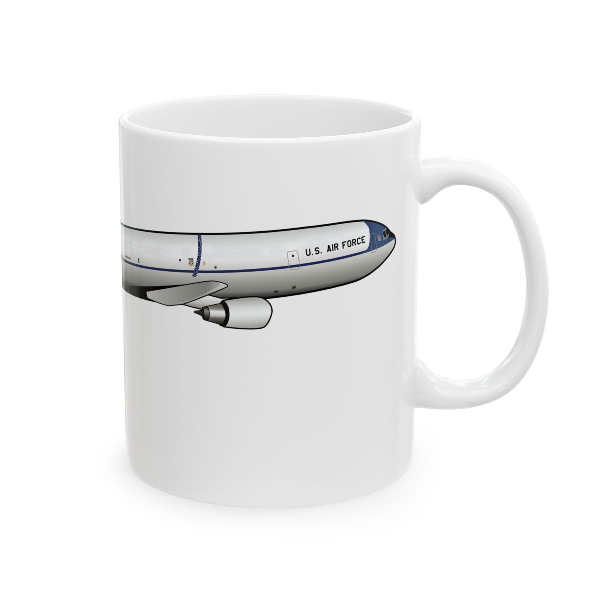 KC-10 Extender ceramic mug with sleek design and aircraft illustration, available in 11oz and 15oz sizes, perfect for gifting