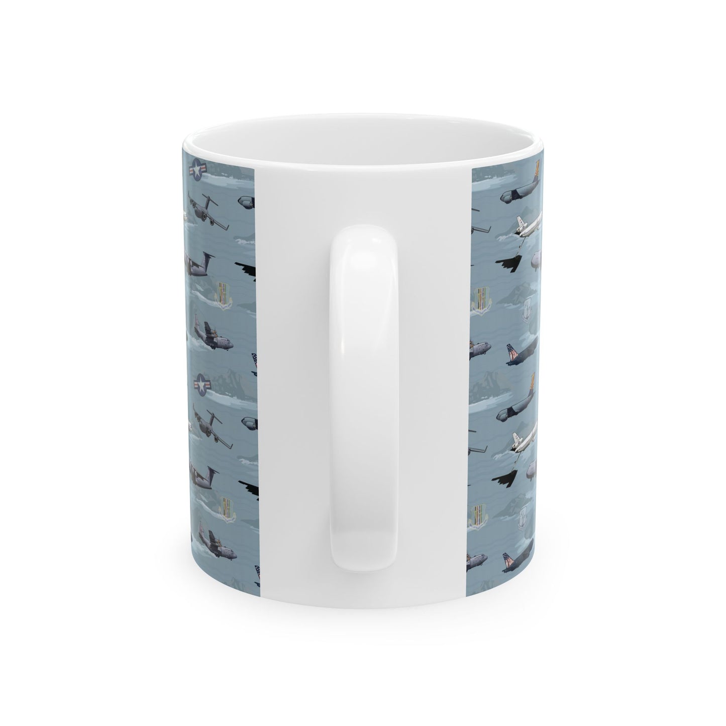 Blue ceramic mug with airplane illustration, available in 11oz and 15oz sizes, great for coffee lovers.