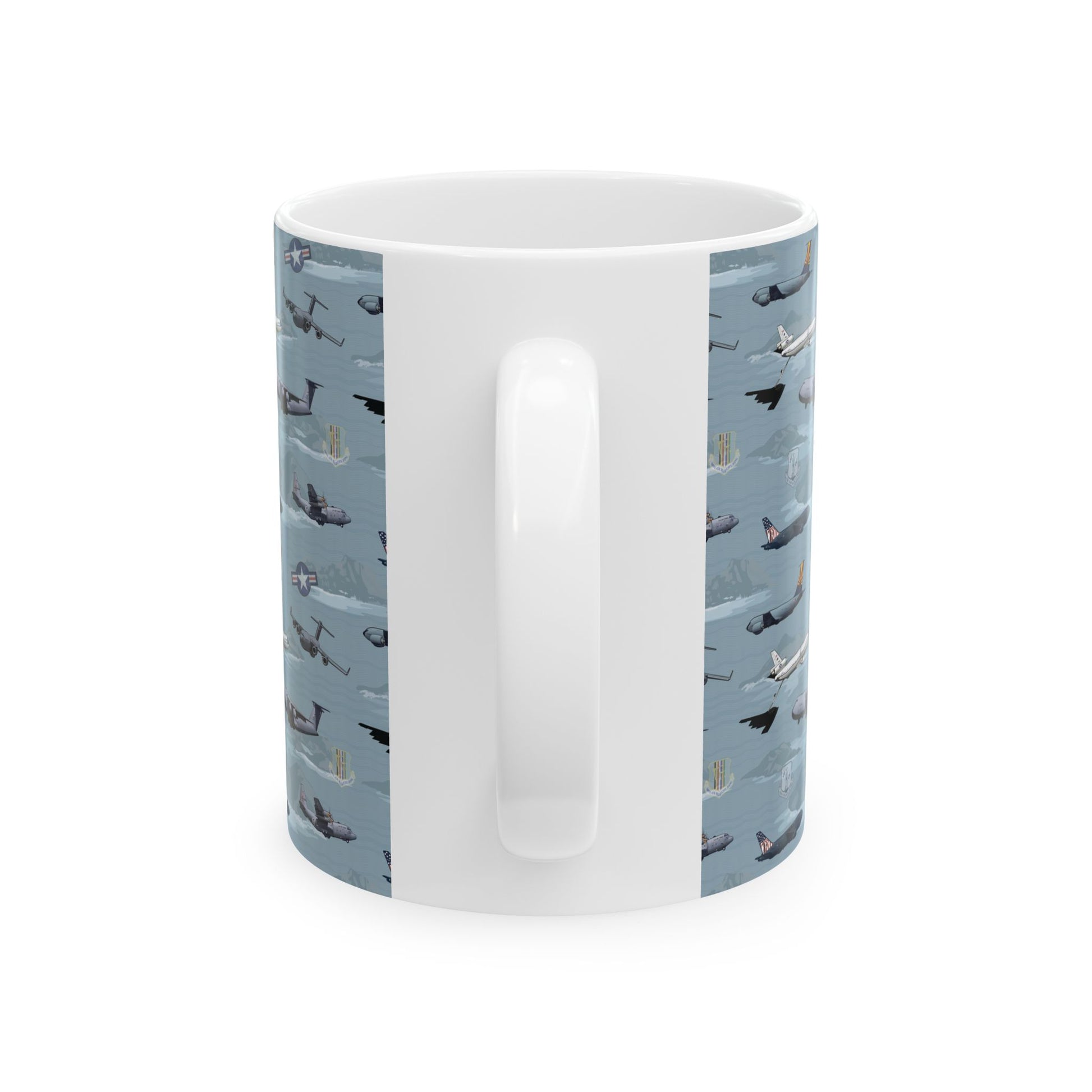 Blue ceramic mug with airplane illustration, available in 11oz and 15oz sizes, great for coffee lovers.