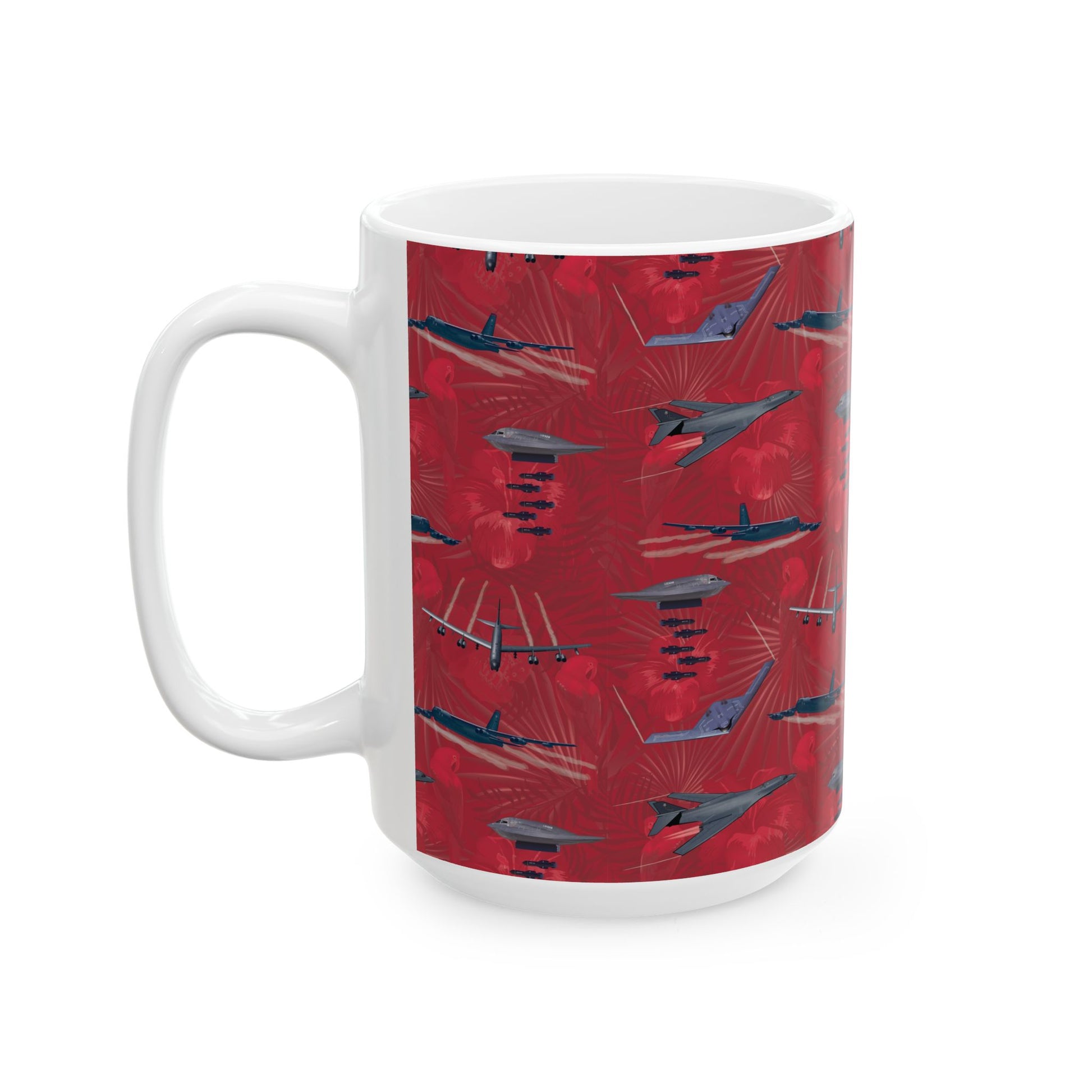 Vibrant red ceramic mug featuring a tribute to the B-17 Flying Fortress, ideal for military history enthusiasts, available in both 11oz and 15oz sizes.