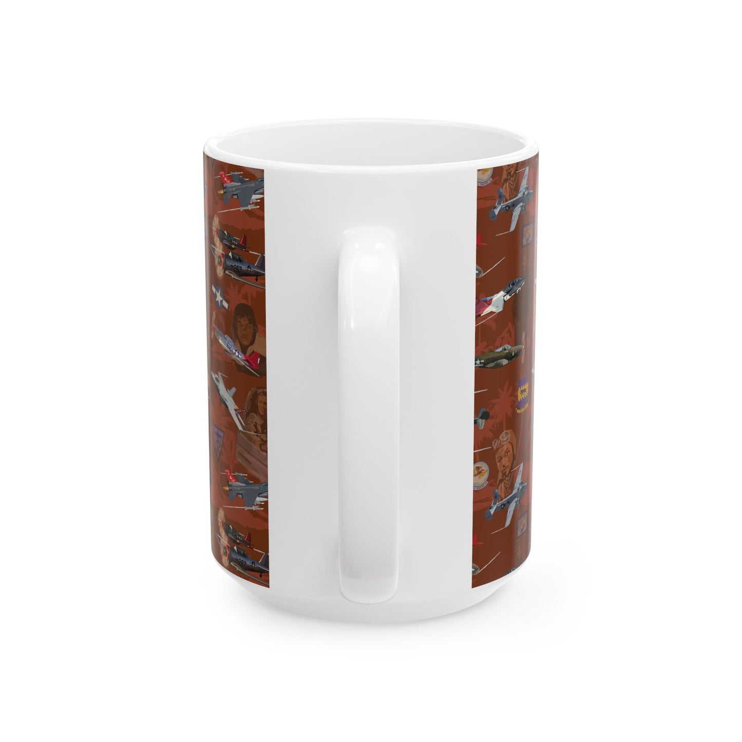 Collegiate-style red mug with double-sided Tuskegee artwork, dishwasher and microwave safe.
