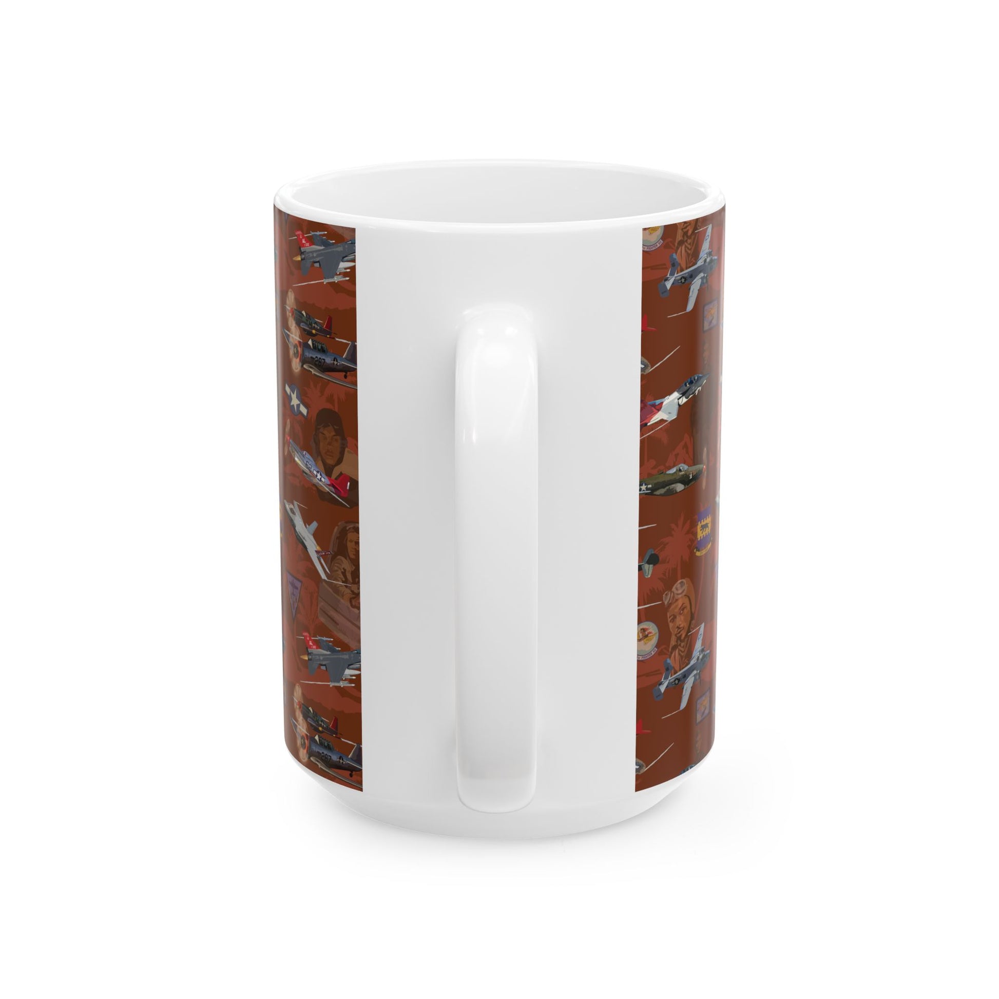 Collegiate-style red mug with double-sided Tuskegee artwork, dishwasher and microwave safe.