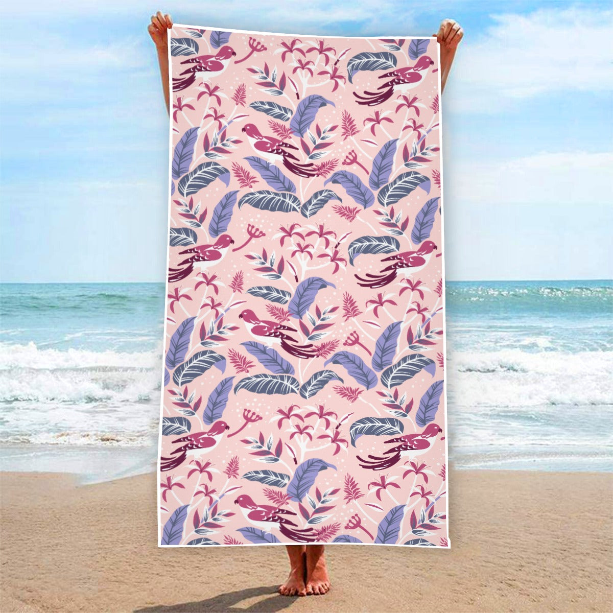Tropical Avian Whispers Beach Towel – A vibrant towel featuring tropical birds and lush foliage, perfect for adding a touch of nature to your beach outings.