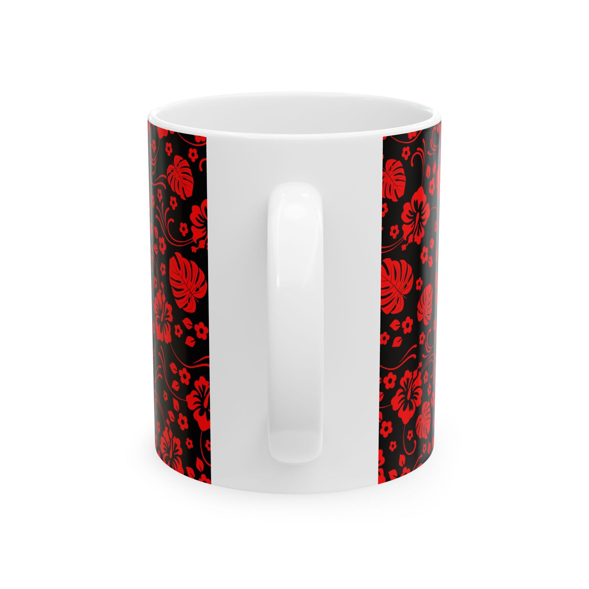 Island Vibes For Life Black Sands mug, showcasing vibrant tropical patterns, in 11oz and 15oz sizes.