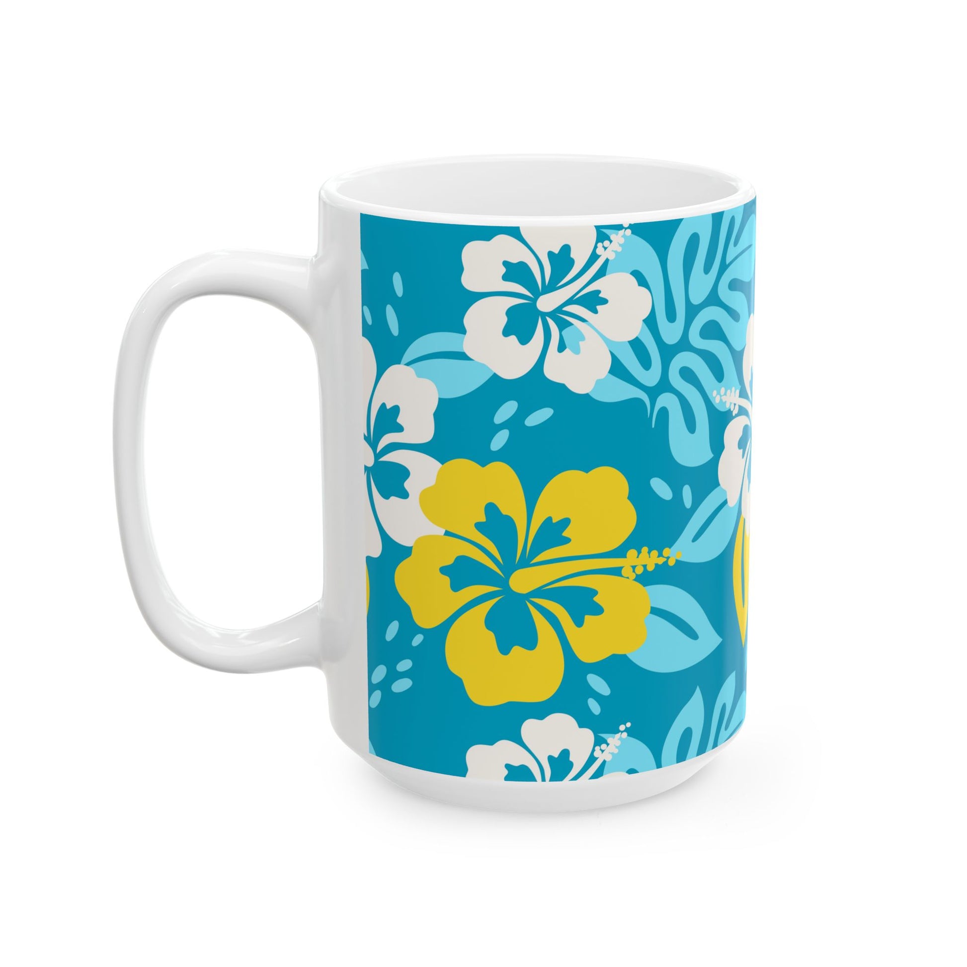 High-gloss ceramic mug with a bright, cheerful tropical illustration — palm trees, ocean breeze, and relaxed island energy.