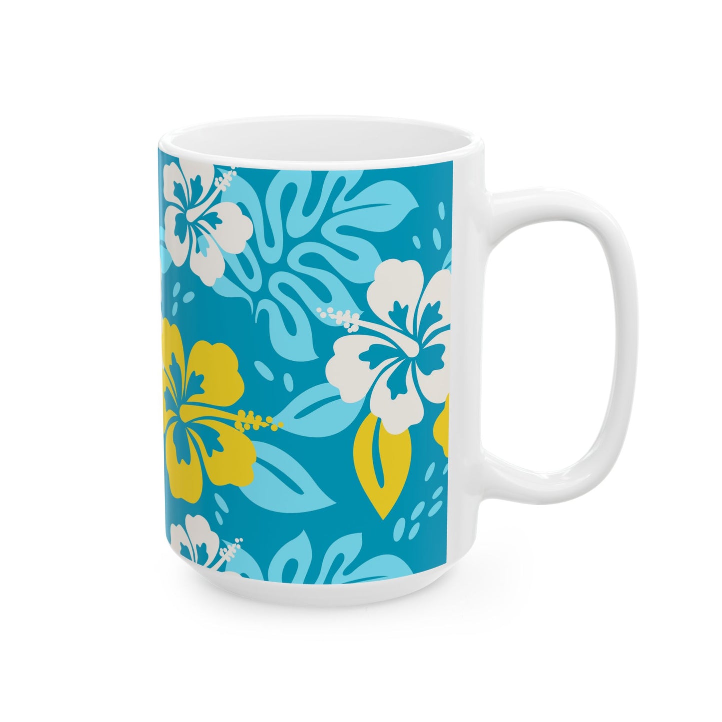 Island-inspired ceramic mug in 11oz or 15oz sizes, featuring a dreamy tropical sunset scene with vivid colors.