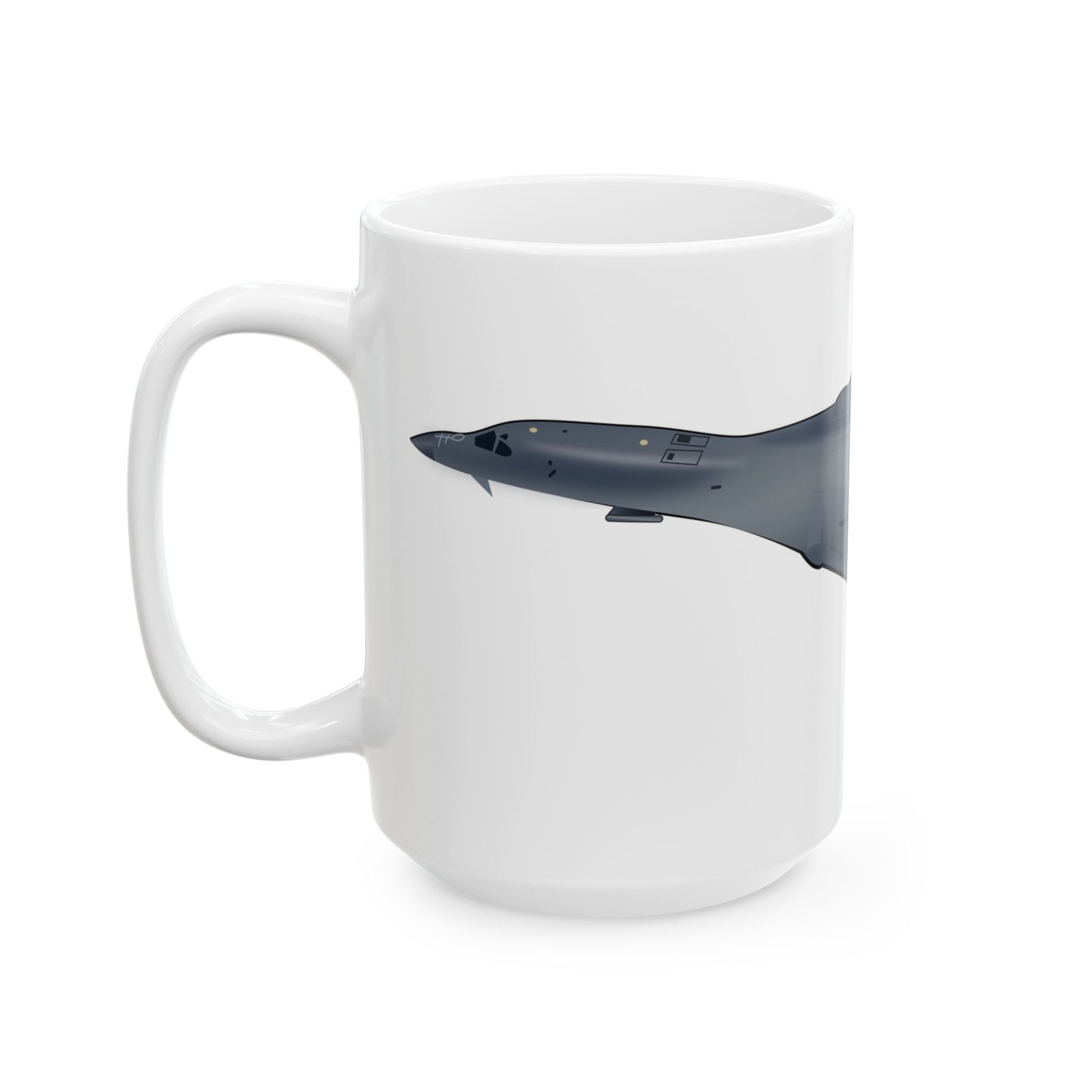 B-1B Lancer ceramic mug with a dynamic bomber graphic, ideal for collectors and aviation enthusiasts, available in 11oz and 15oz sizes.