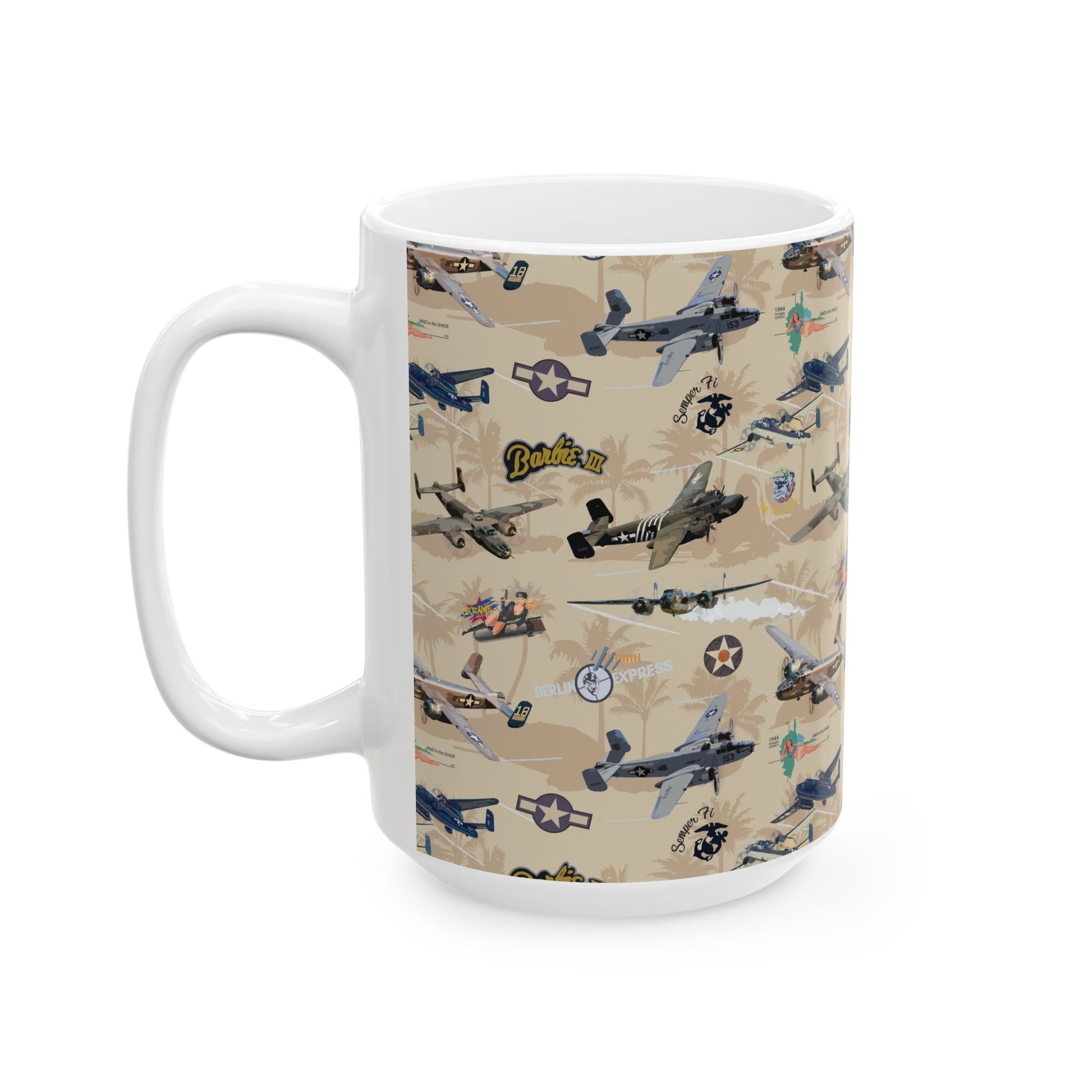 Glossy white ceramic mug showcasing classic B-25 "Russian to Get Ya" artwork, a tribute to WWII bombers, available in 11oz and 15oz sizes.